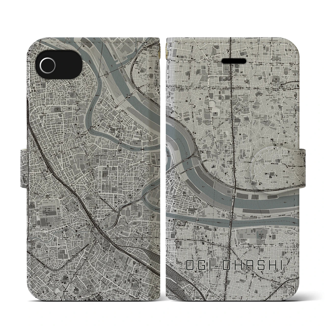 【扇大橋(東京都)】地図柄iPhoneケース(手帳タイプ)モノトーン・iPhone SE(第3 / 第2世代) / 8 / 7 / 6s / 6 用