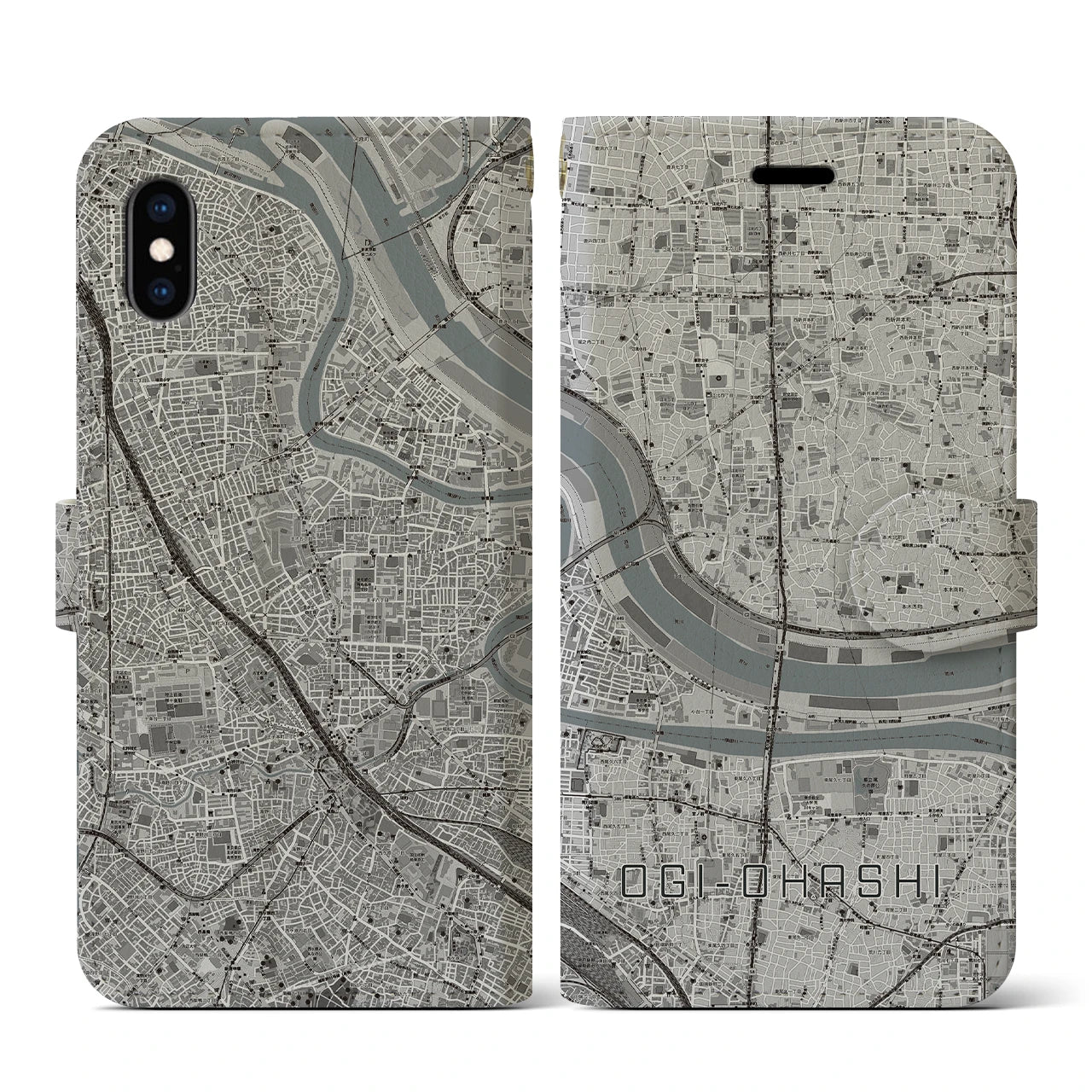 【扇大橋(東京都)】地図柄iPhoneケース(手帳タイプ)モノトーン・iPhone XS / X 用