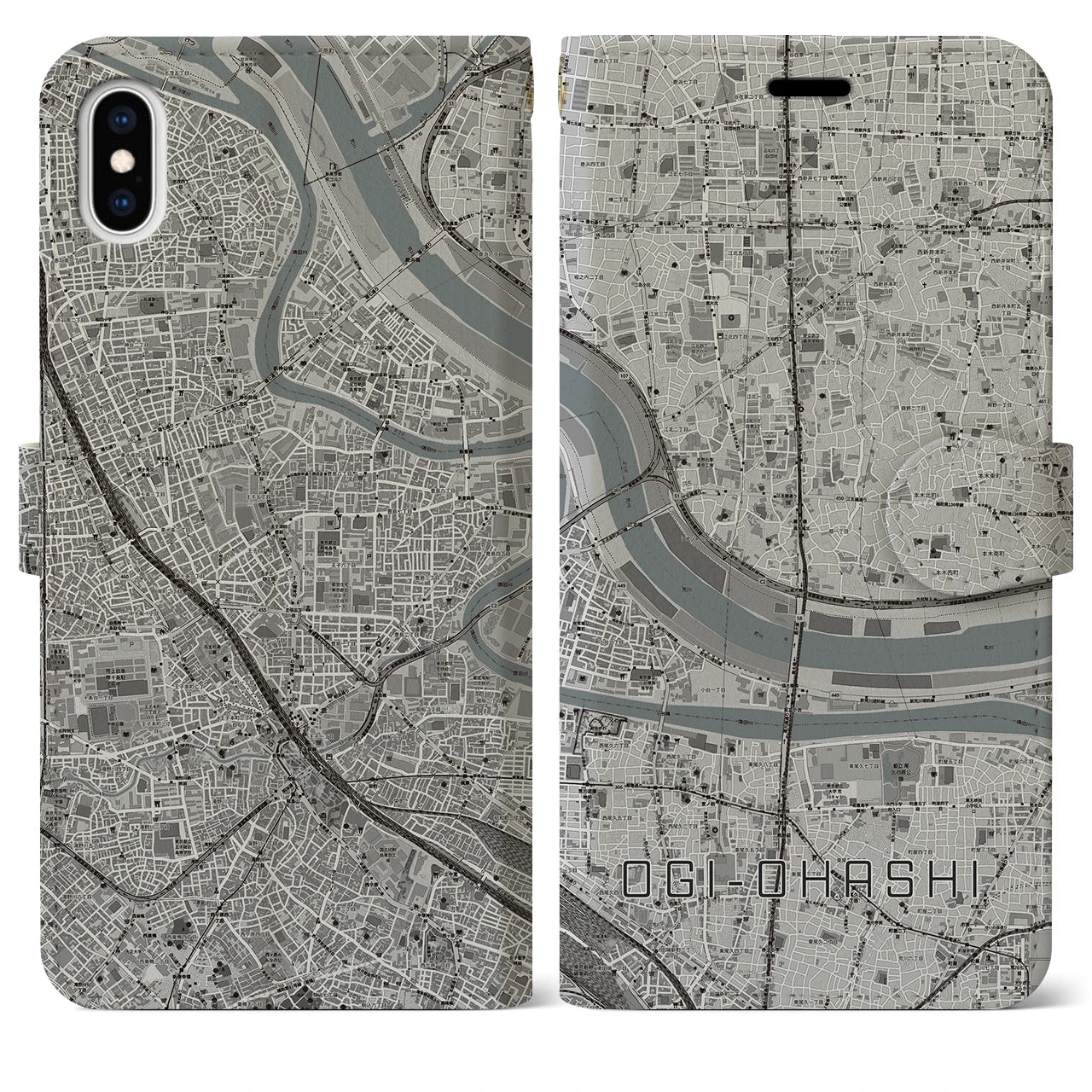 【扇大橋(東京都)】地図柄iPhoneケース(手帳タイプ)モノトーン・iPhone XS Max 用