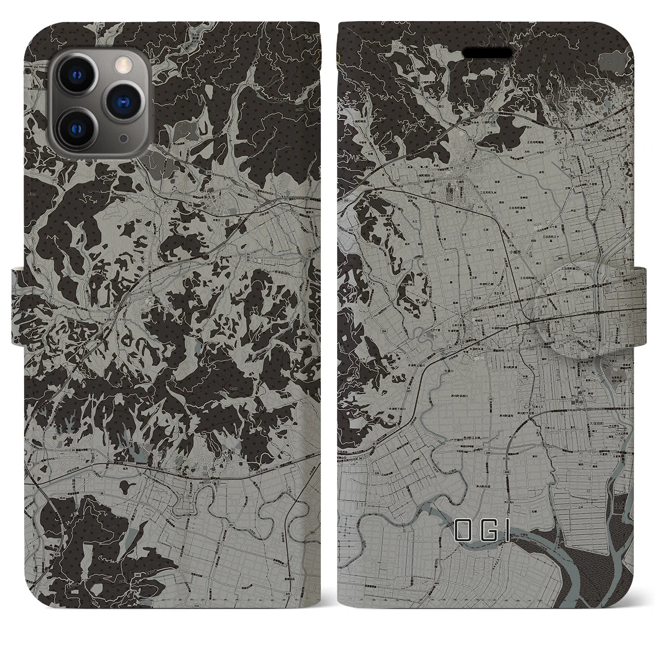 【小城(佐賀県)】地図柄iPhoneケース(手帳タイプ)モノトーン・iPhone 11 Pro Max 用