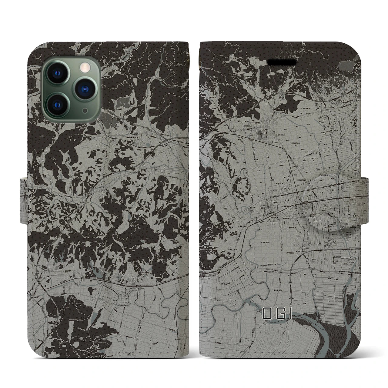 【小城(佐賀県)】地図柄iPhoneケース(手帳タイプ)モノトーン・iPhone 11 Pro 用