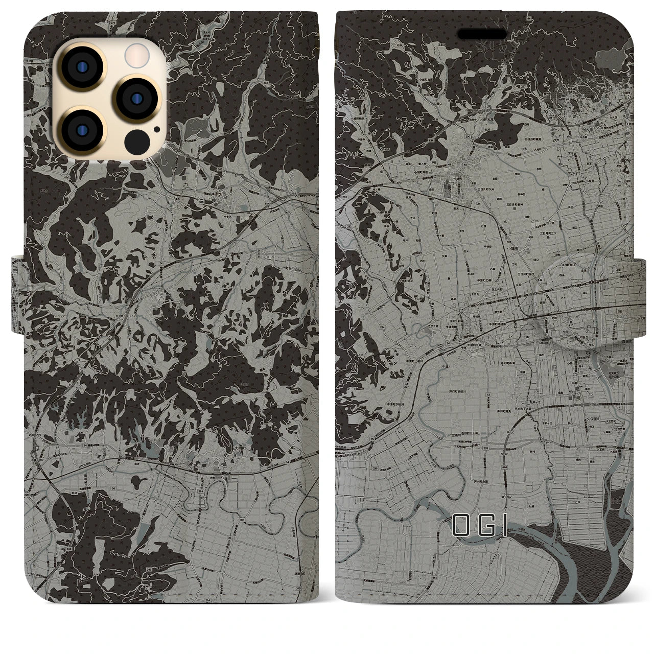 【小城(佐賀県)】地図柄iPhoneケース(手帳タイプ)モノトーン・iPhone 12 Pro Max 用