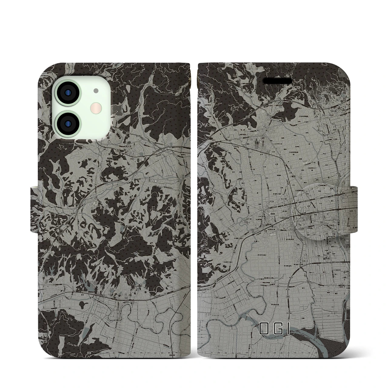 【小城(佐賀県)】地図柄iPhoneケース(手帳タイプ)モノトーン・iPhone 12 mini 用