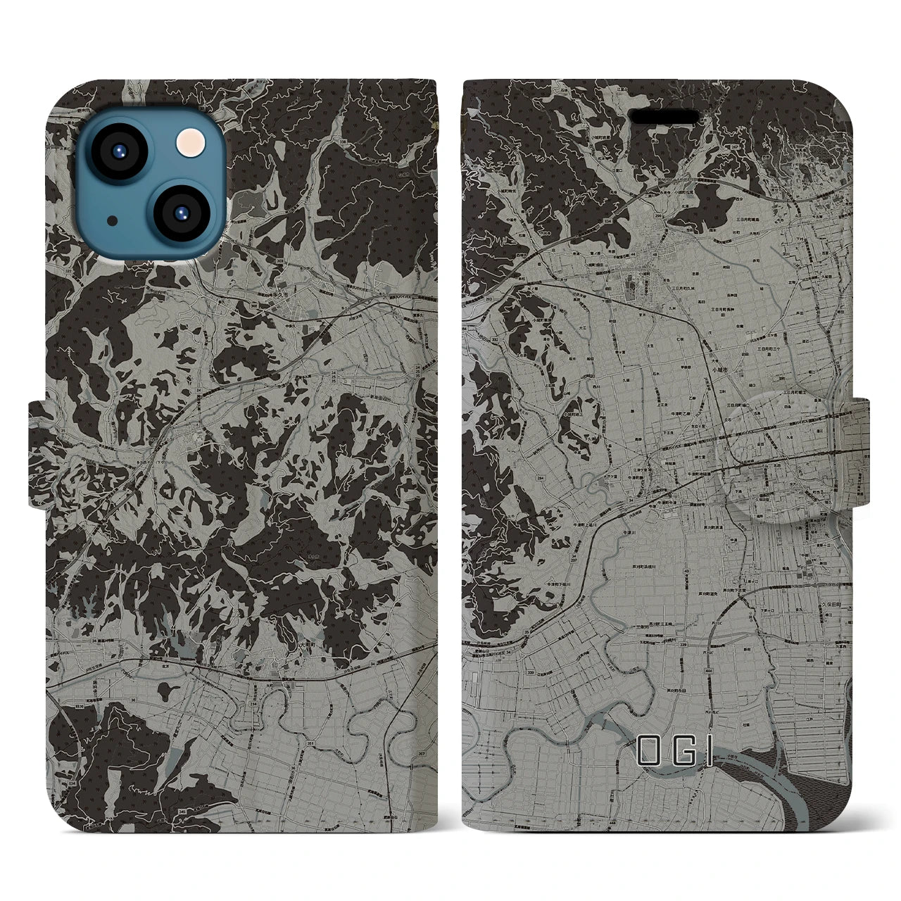 【小城(佐賀県)】地図柄iPhoneケース(手帳タイプ)モノトーン・iPhone 13 用
