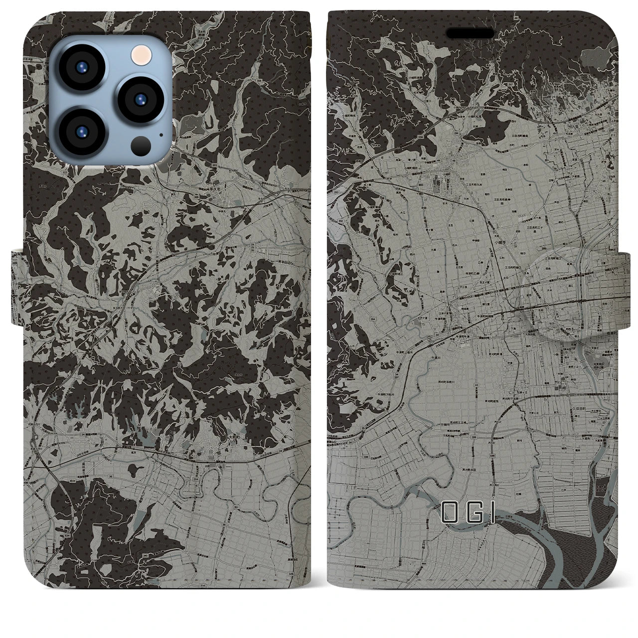 【小城(佐賀県)】地図柄iPhoneケース(手帳タイプ)モノトーン・iPhone 13 Pro Max 用