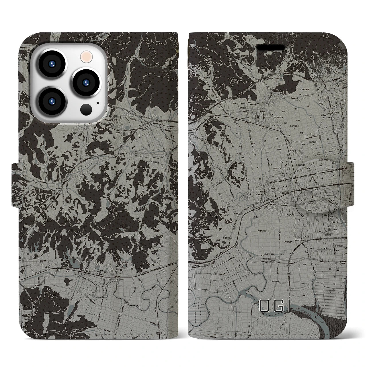【小城(佐賀県)】地図柄iPhoneケース(手帳タイプ)モノトーン・iPhone 13 Pro 用