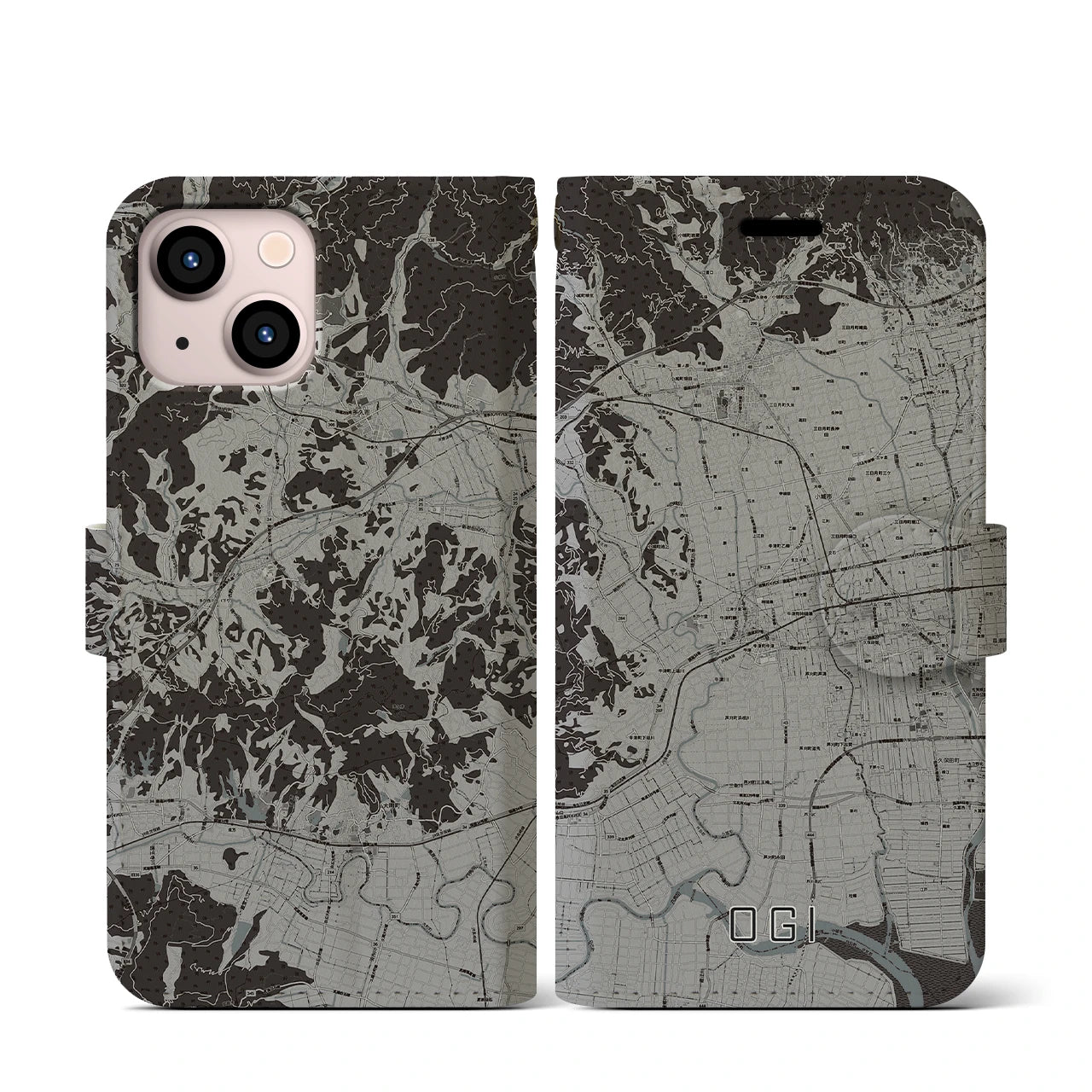 【小城(佐賀県)】地図柄iPhoneケース(手帳タイプ)モノトーン・iPhone 13 mini 用