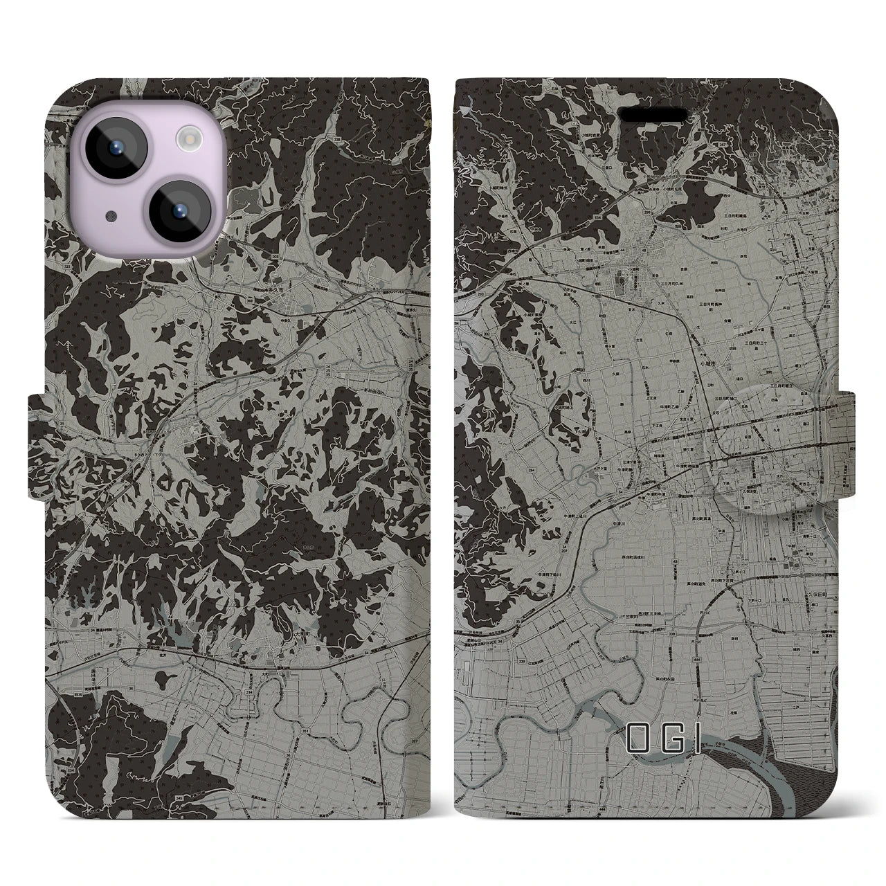 【小城(佐賀県)】地図柄iPhoneケース(手帳タイプ)モノトーン・iPhone 14 用