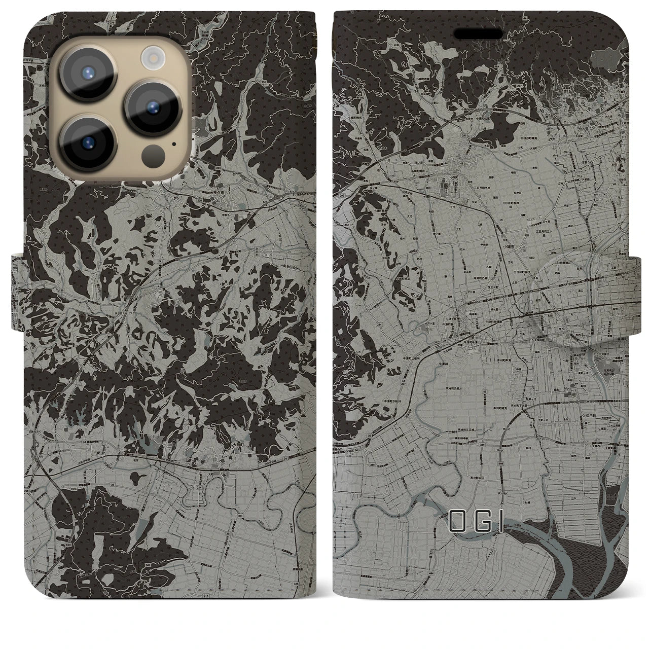 【小城(佐賀県)】地図柄iPhoneケース(手帳タイプ)モノトーン・iPhone 14 Pro Max 用
