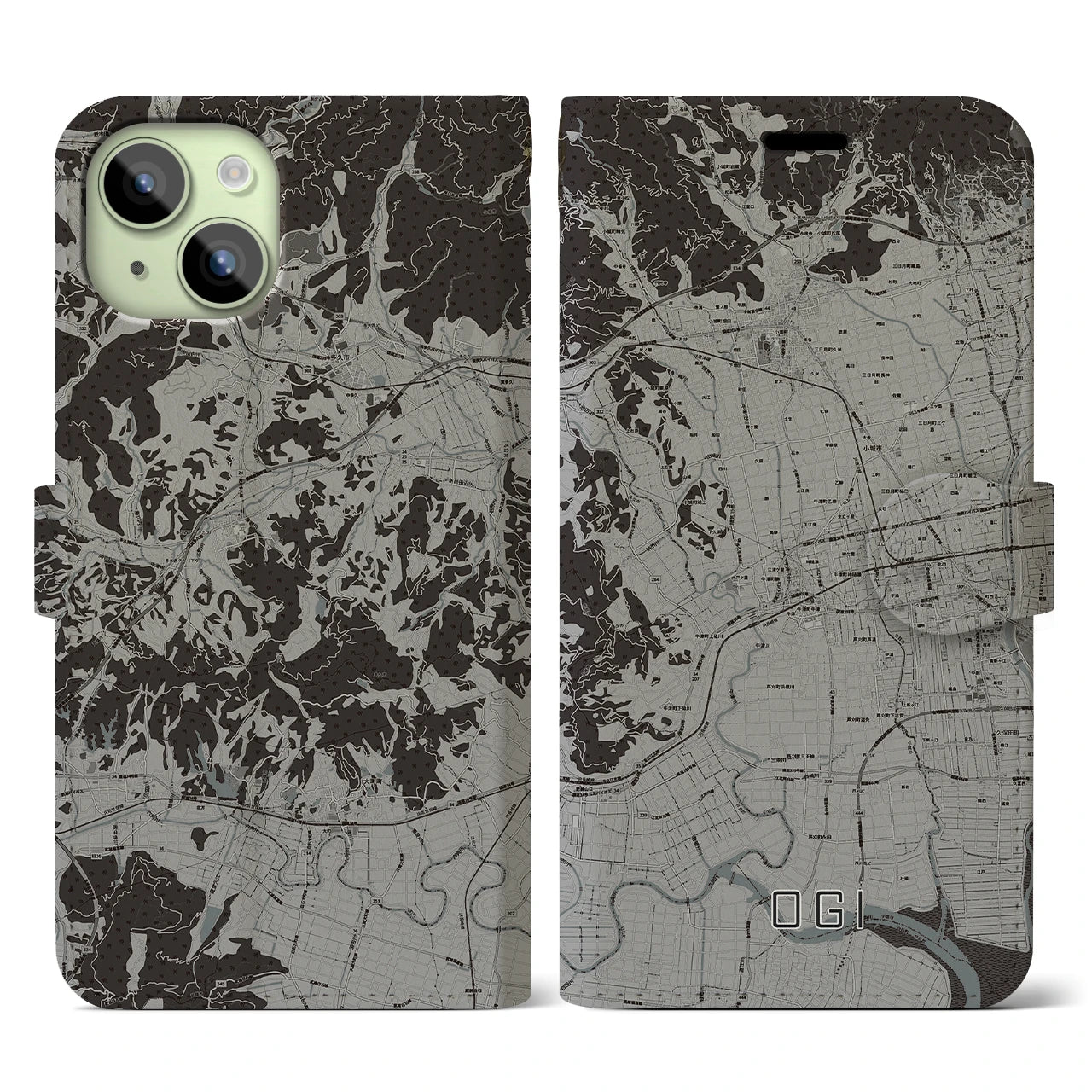 【小城(佐賀県)】地図柄iPhoneケース(手帳タイプ)モノトーン・iPhone 15 用