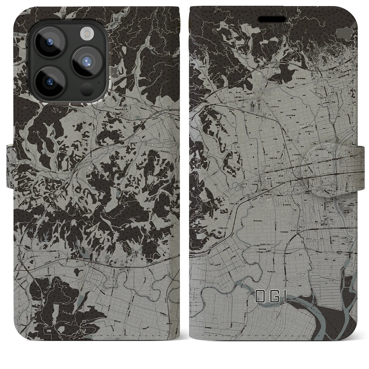 【小城(佐賀県)】地図柄iPhoneケース(手帳タイプ)モノトーン・iPhone 15 Pro Max 用