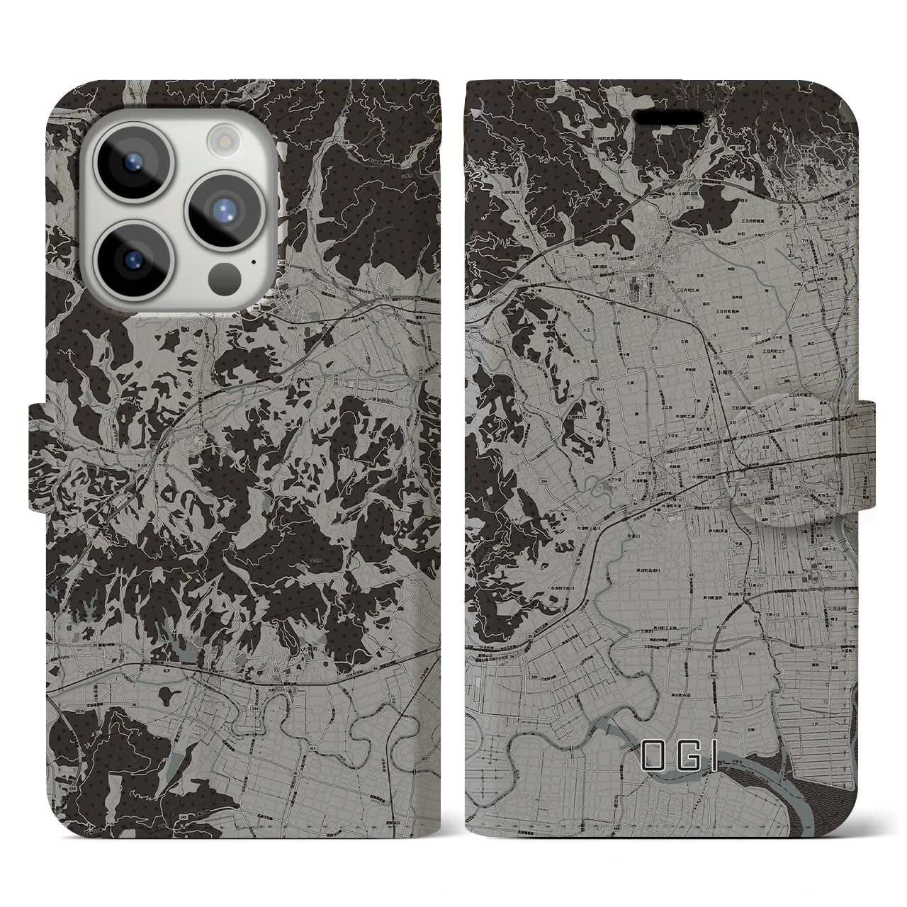 【小城(佐賀県)】地図柄iPhoneケース(手帳タイプ)モノトーン・iPhone 15 Pro 用