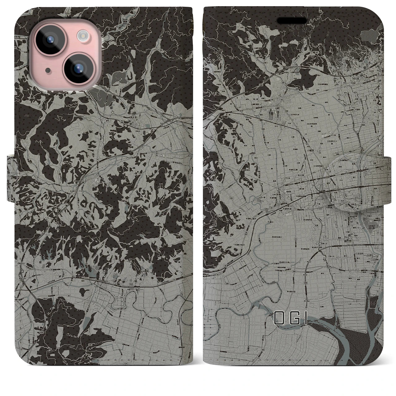 【小城(佐賀県)】地図柄iPhoneケース(手帳タイプ)モノトーン・iPhone 15 Plus 用