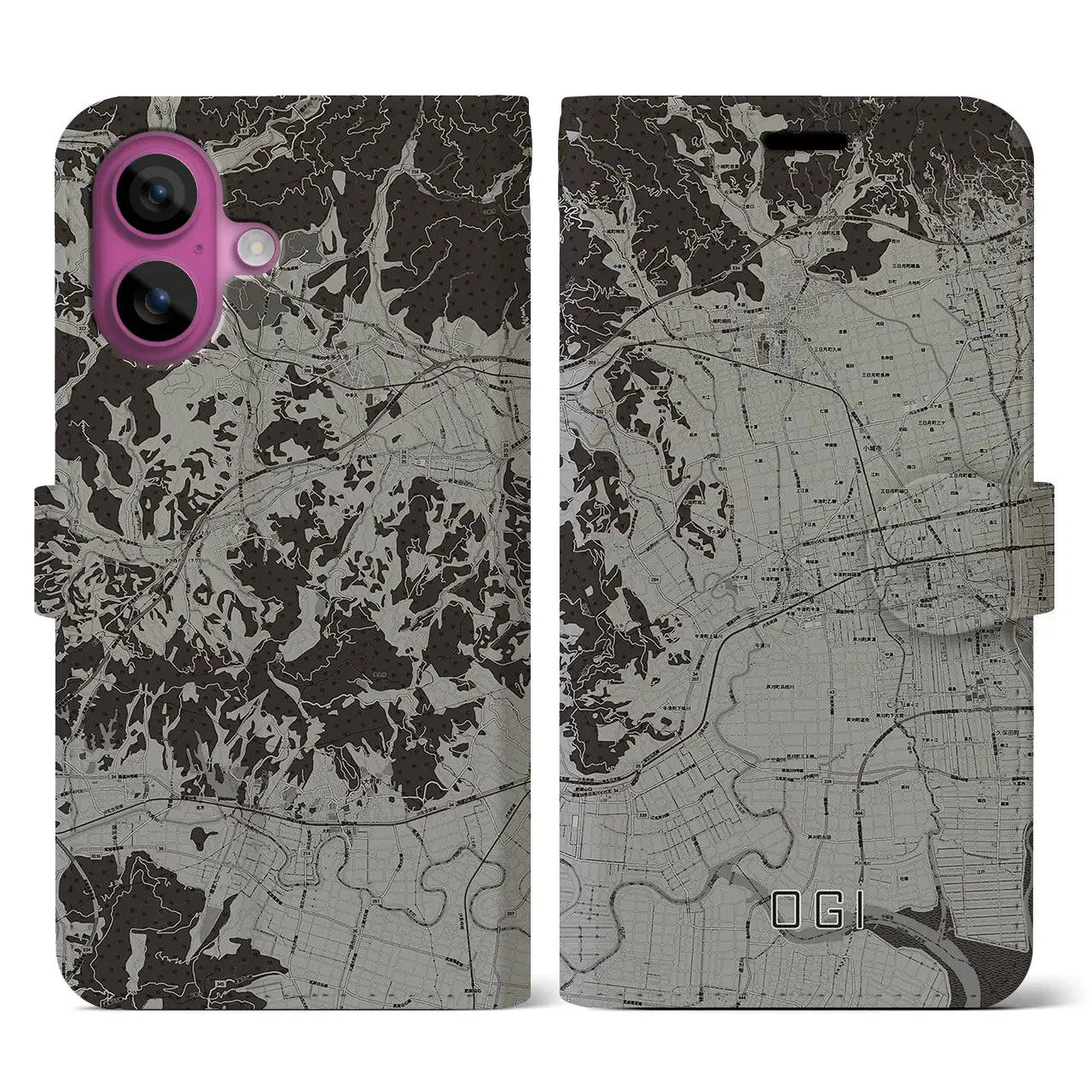 【小城(佐賀県)】地図柄iPhoneケース(手帳タイプ)モノトーン・iPhone 16 Pro 用