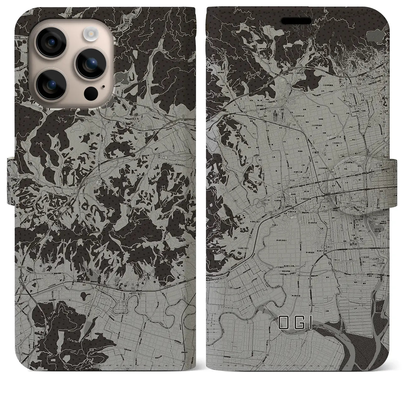 【小城(佐賀県)】地図柄iPhoneケース(手帳タイプ)モノトーン・iPhone 16 Plus 用