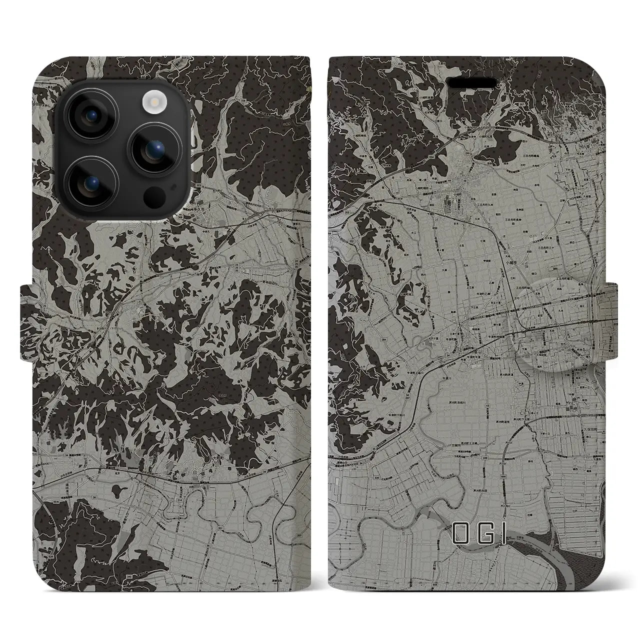 【小城(佐賀県)】地図柄iPhoneケース(手帳タイプ)モノトーン・iPhone 16 用