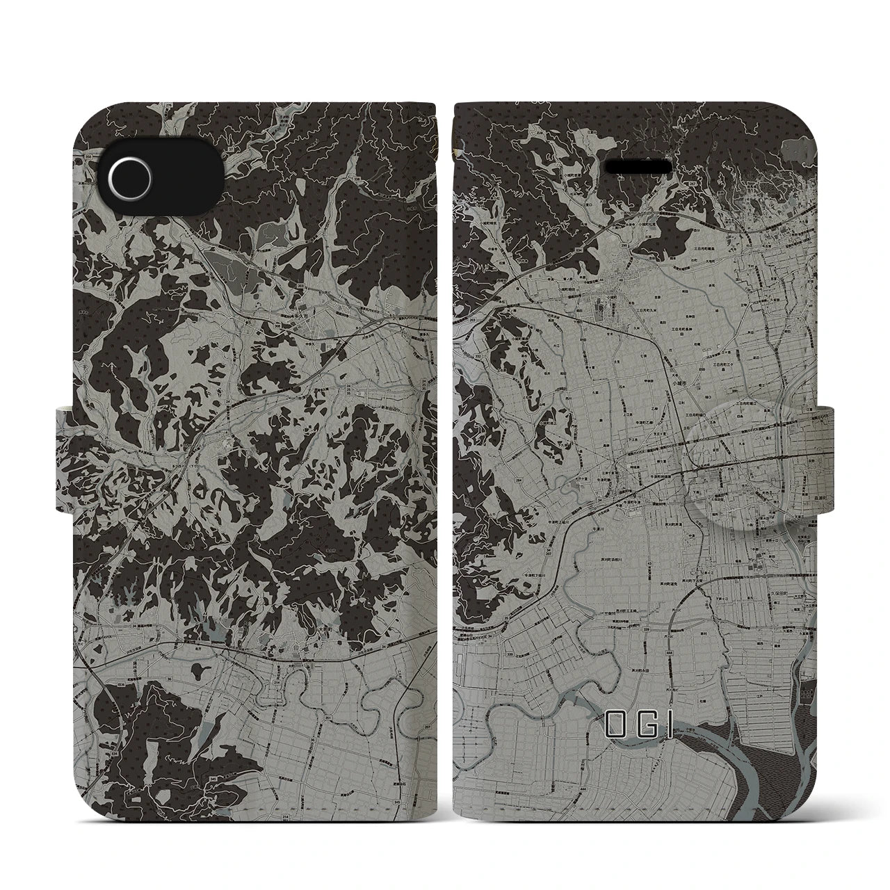 【小城(佐賀県)】地図柄iPhoneケース(手帳タイプ)モノトーン・iPhone SE(第3 / 第2世代) / 8 / 7 / 6s / 6 用