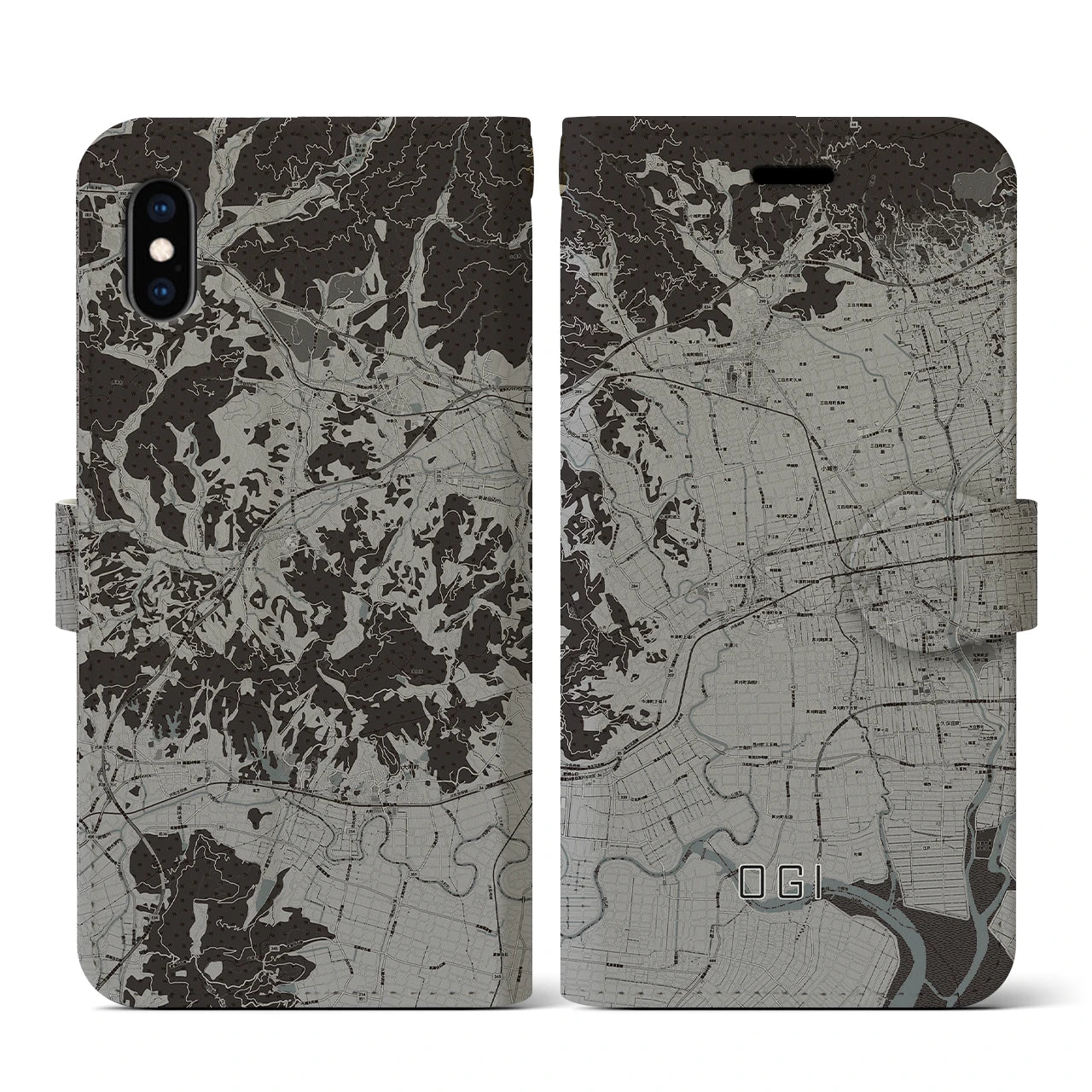 【小城(佐賀県)】地図柄iPhoneケース(手帳タイプ)モノトーン・iPhone XS / X 用