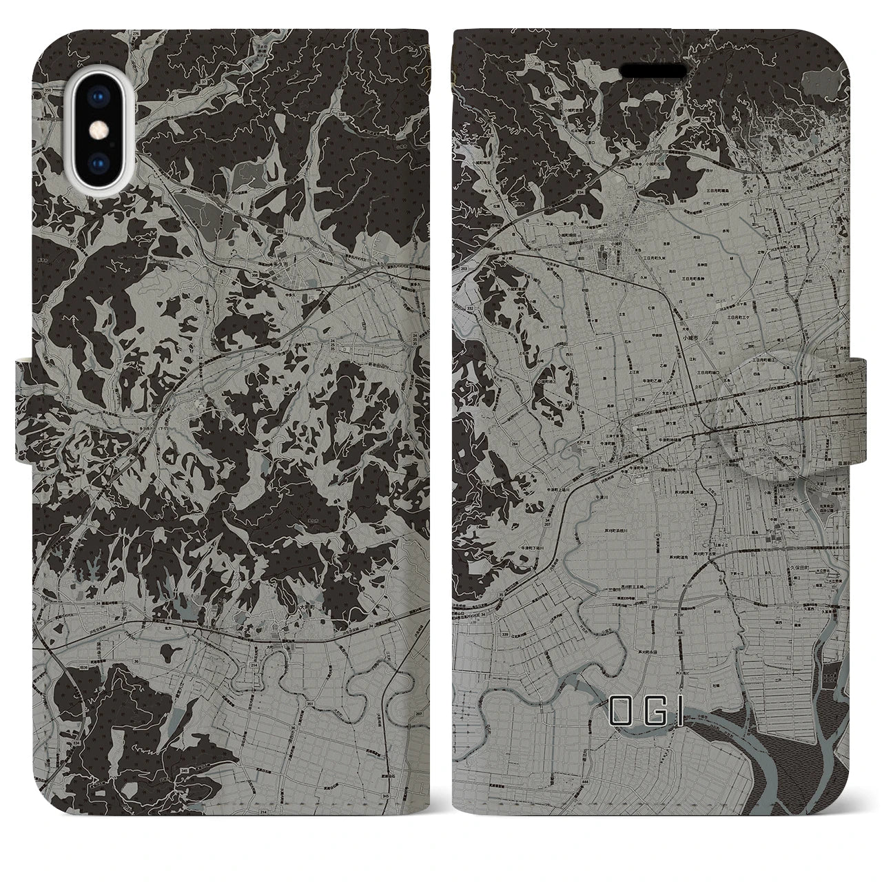 【小城(佐賀県)】地図柄iPhoneケース(手帳タイプ)モノトーン・iPhone XS Max 用