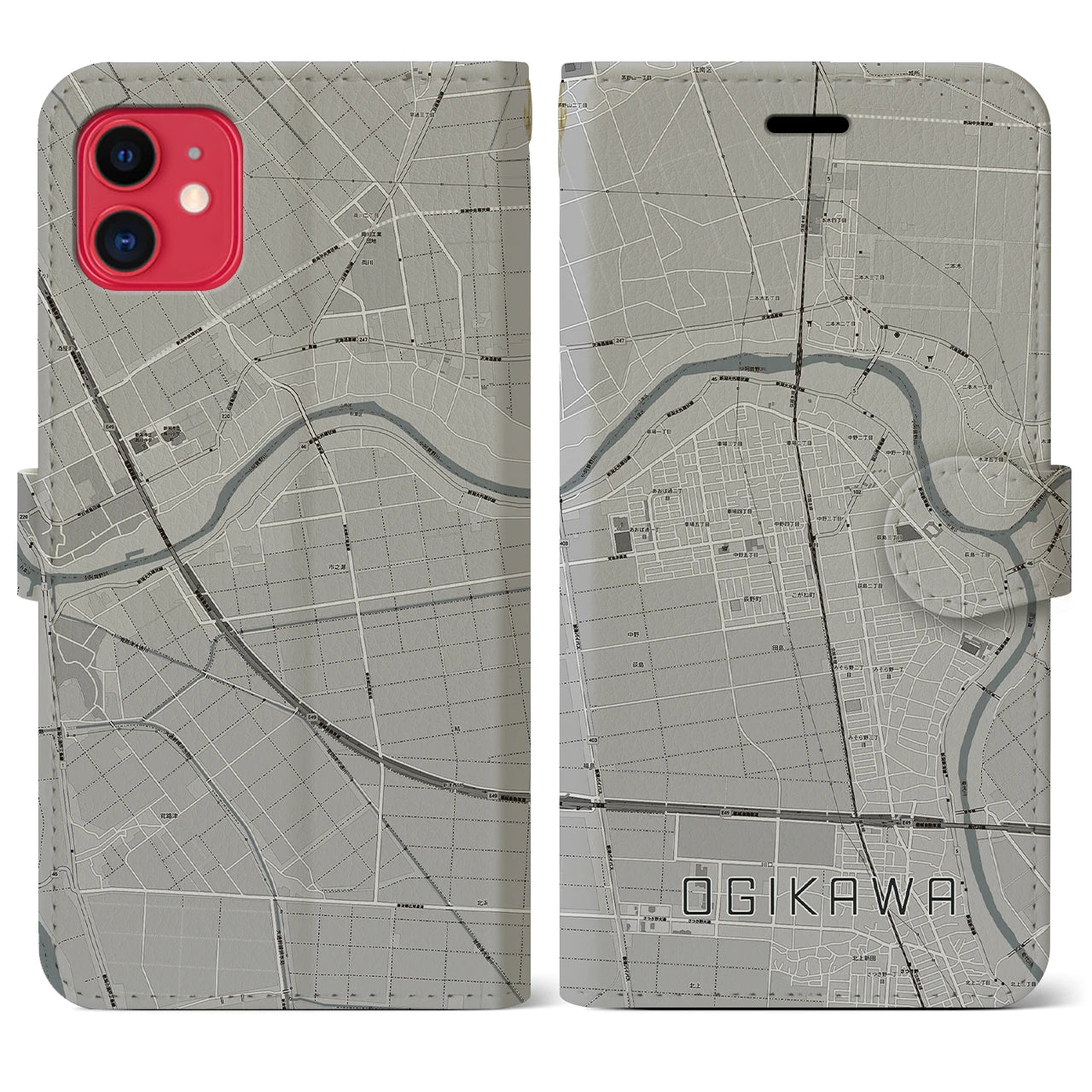 【荻川(新潟県)】地図柄iPhoneケース(手帳タイプ)モノトーン・iPhone 11 用