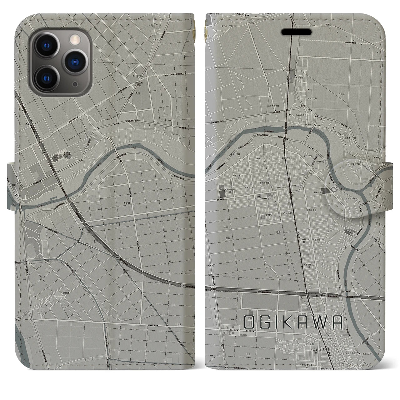 【荻川(新潟県)】地図柄iPhoneケース(手帳タイプ)モノトーン・iPhone 11 Pro Max 用