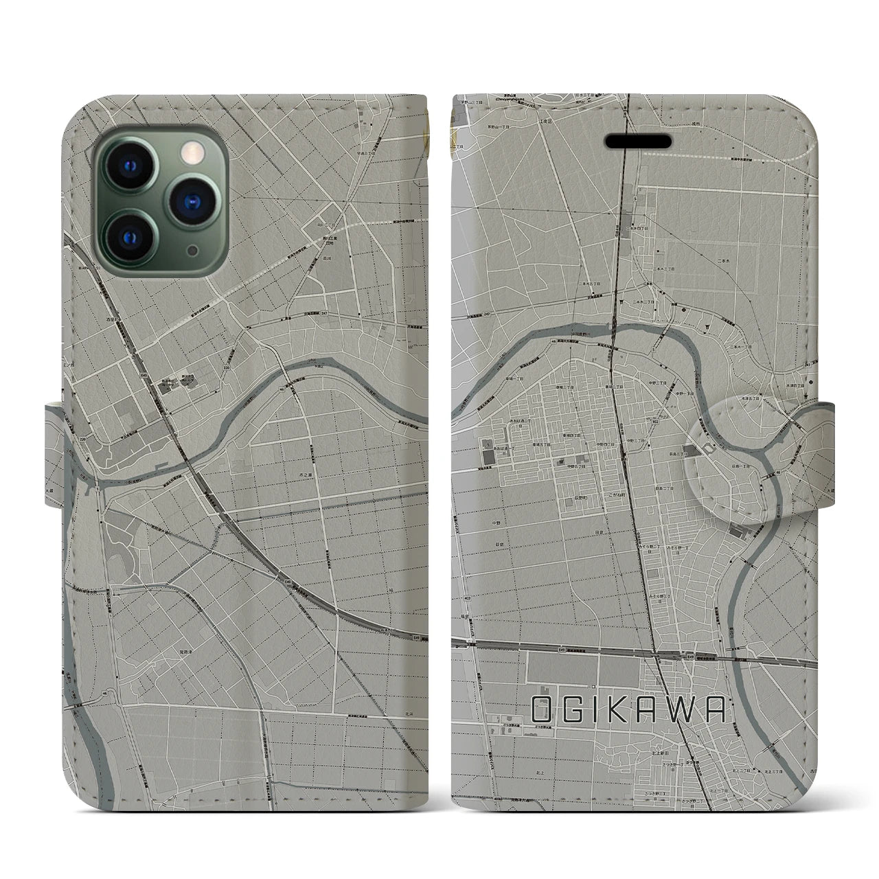 【荻川(新潟県)】地図柄iPhoneケース(手帳タイプ)モノトーン・iPhone 11 Pro 用