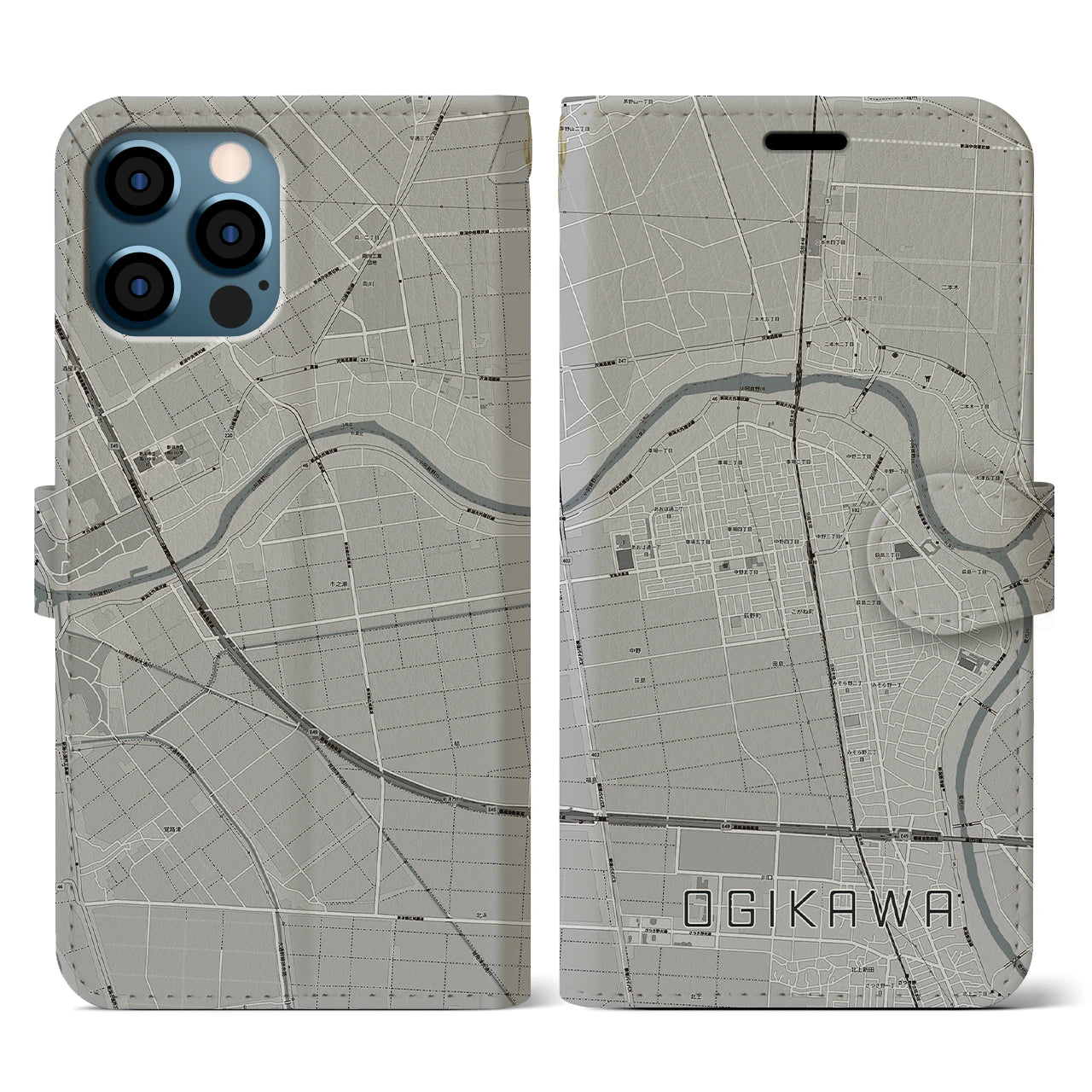 【荻川(新潟県)】地図柄iPhoneケース(手帳タイプ)モノトーン・iPhone 12 / 12 Pro 用