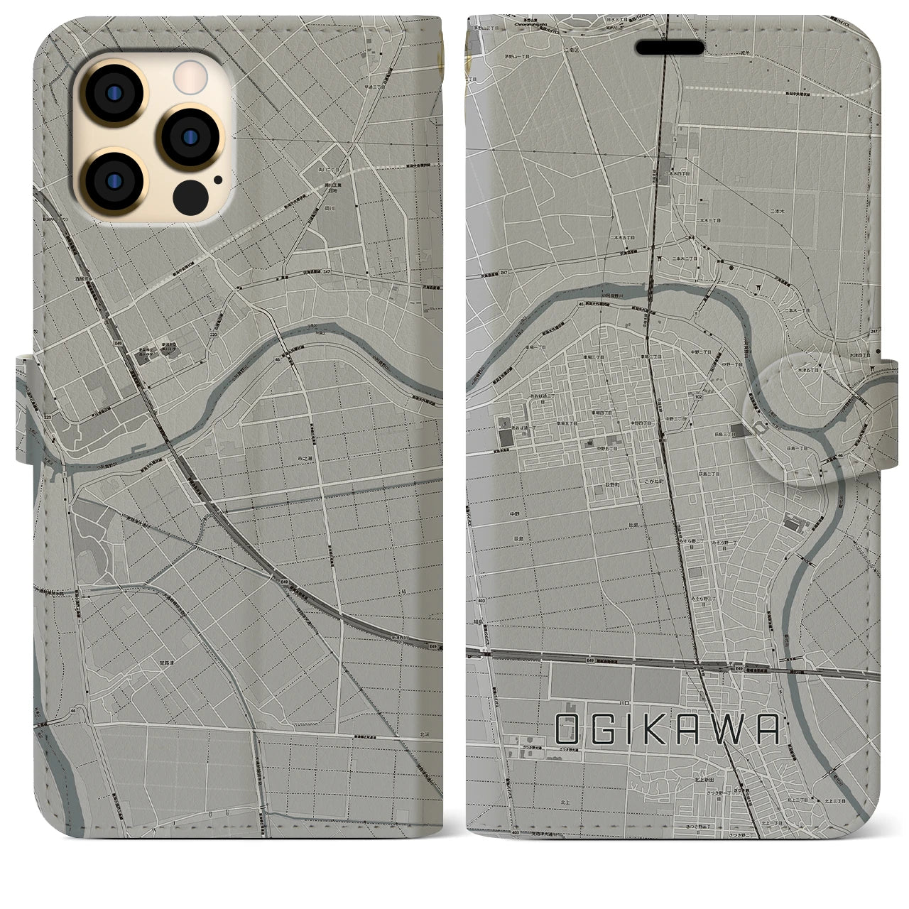 【荻川(新潟県)】地図柄iPhoneケース(手帳タイプ)モノトーン・iPhone 12 Pro Max 用