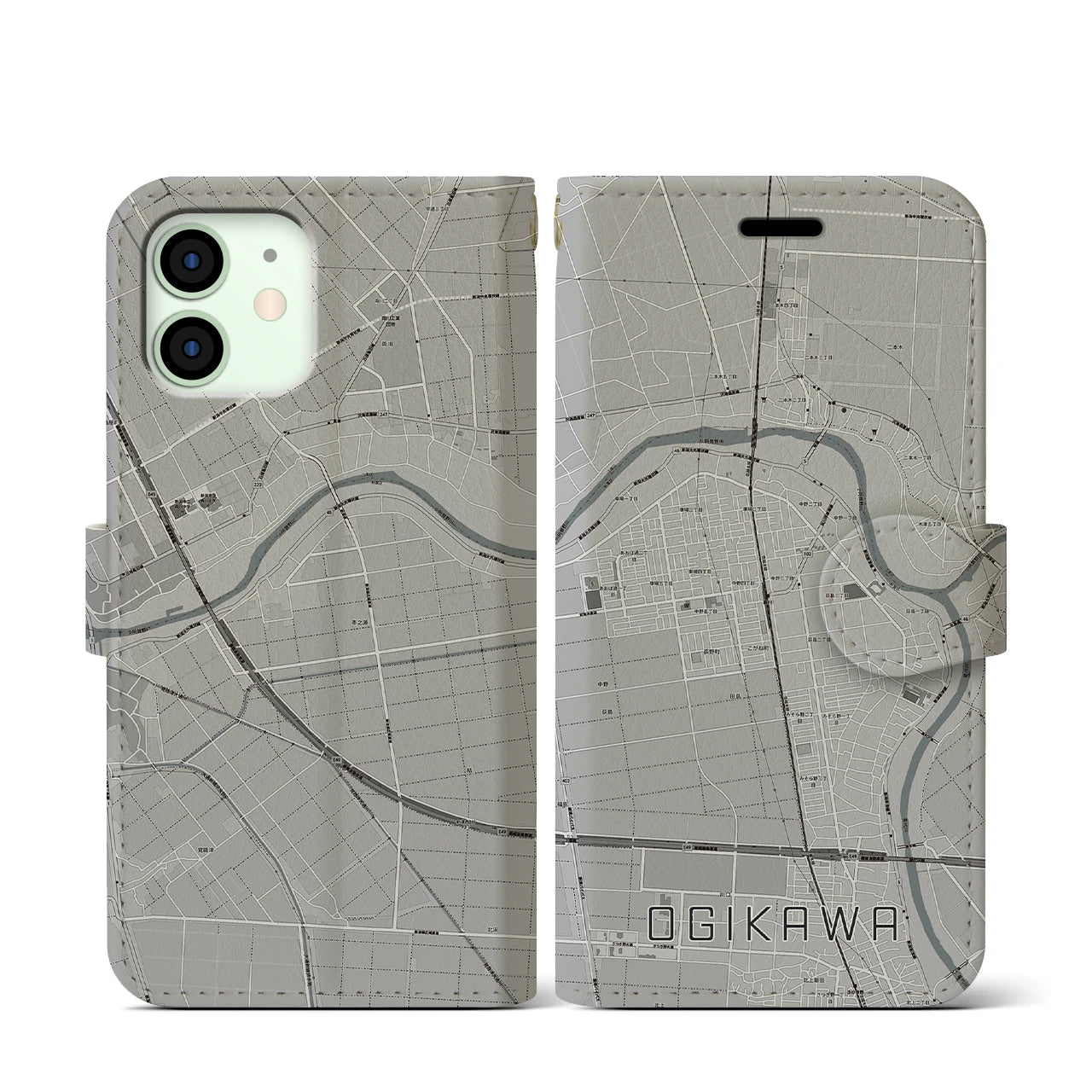 【荻川(新潟県)】地図柄iPhoneケース(手帳タイプ)モノトーン・iPhone 12 mini 用