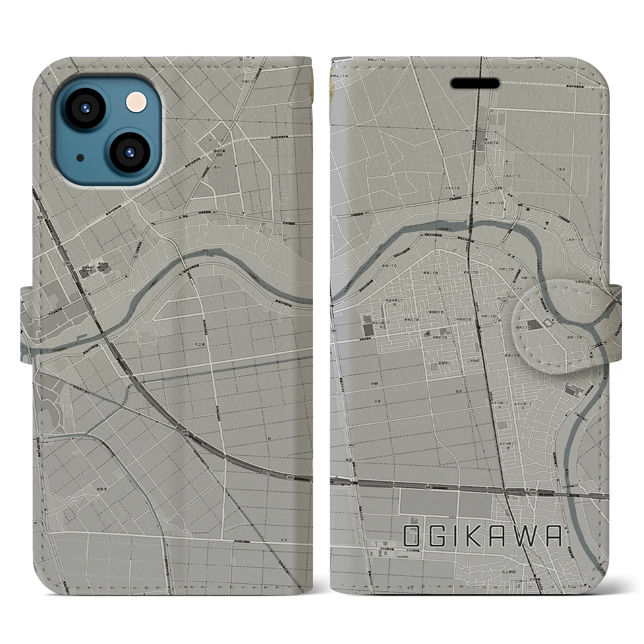 【荻川(新潟県)】地図柄iPhoneケース(手帳タイプ)モノトーン・iPhone 13 用