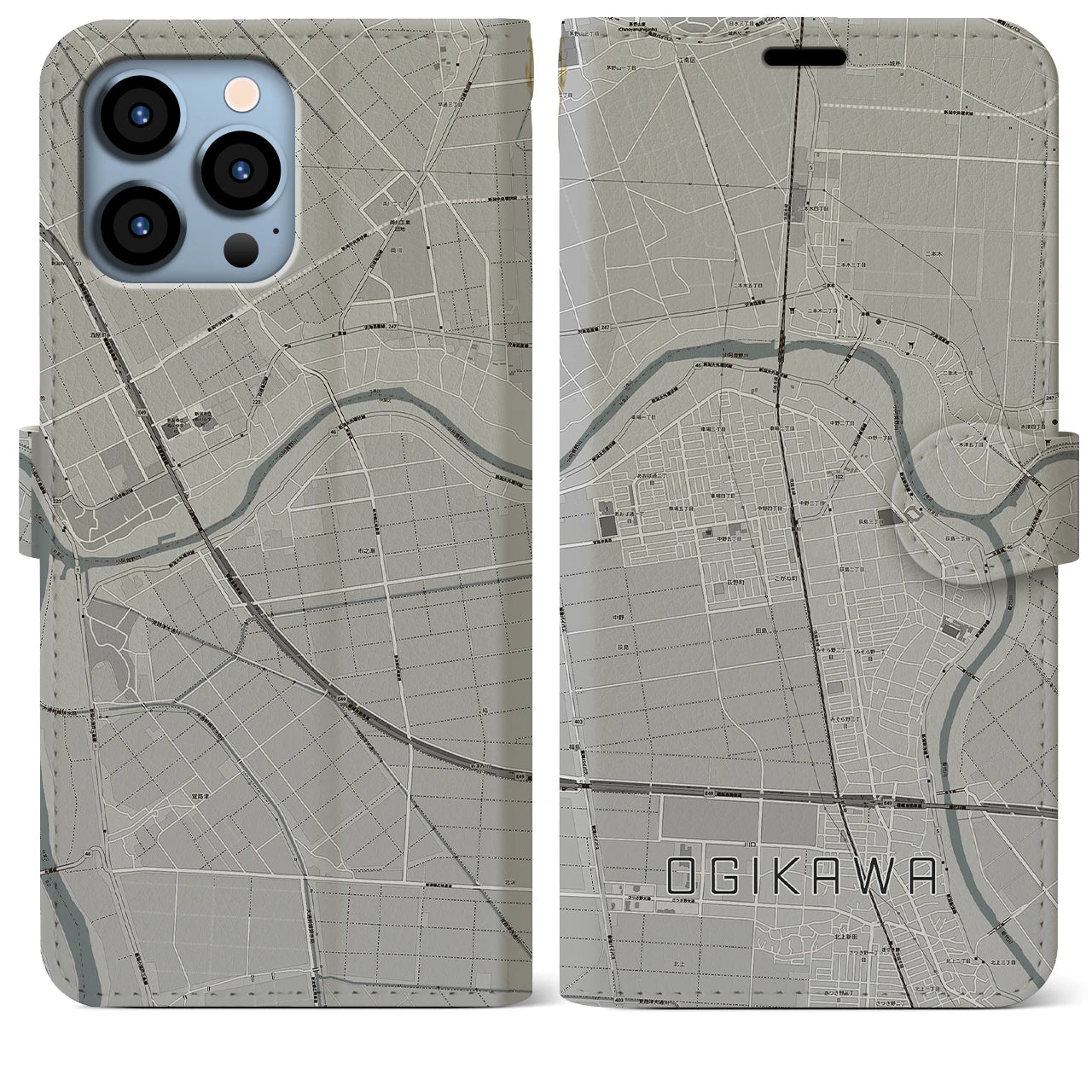 【荻川(新潟県)】地図柄iPhoneケース(手帳タイプ)モノトーン・iPhone 13 Pro Max 用