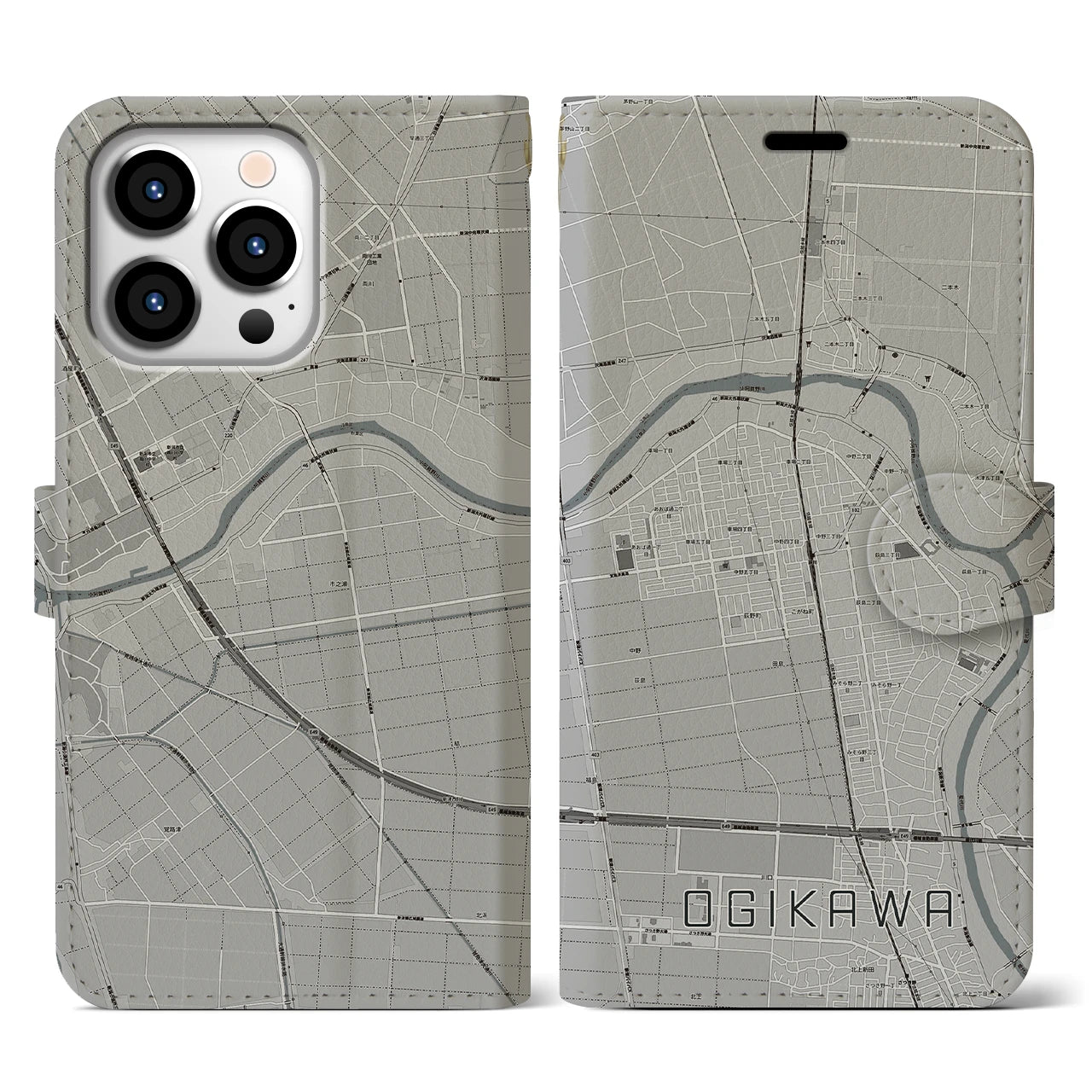 【荻川(新潟県)】地図柄iPhoneケース(手帳タイプ)モノトーン・iPhone 13 Pro 用