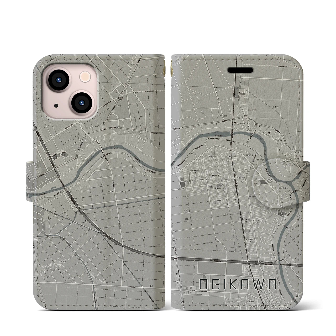 【荻川(新潟県)】地図柄iPhoneケース(手帳タイプ)モノトーン・iPhone 13 mini 用