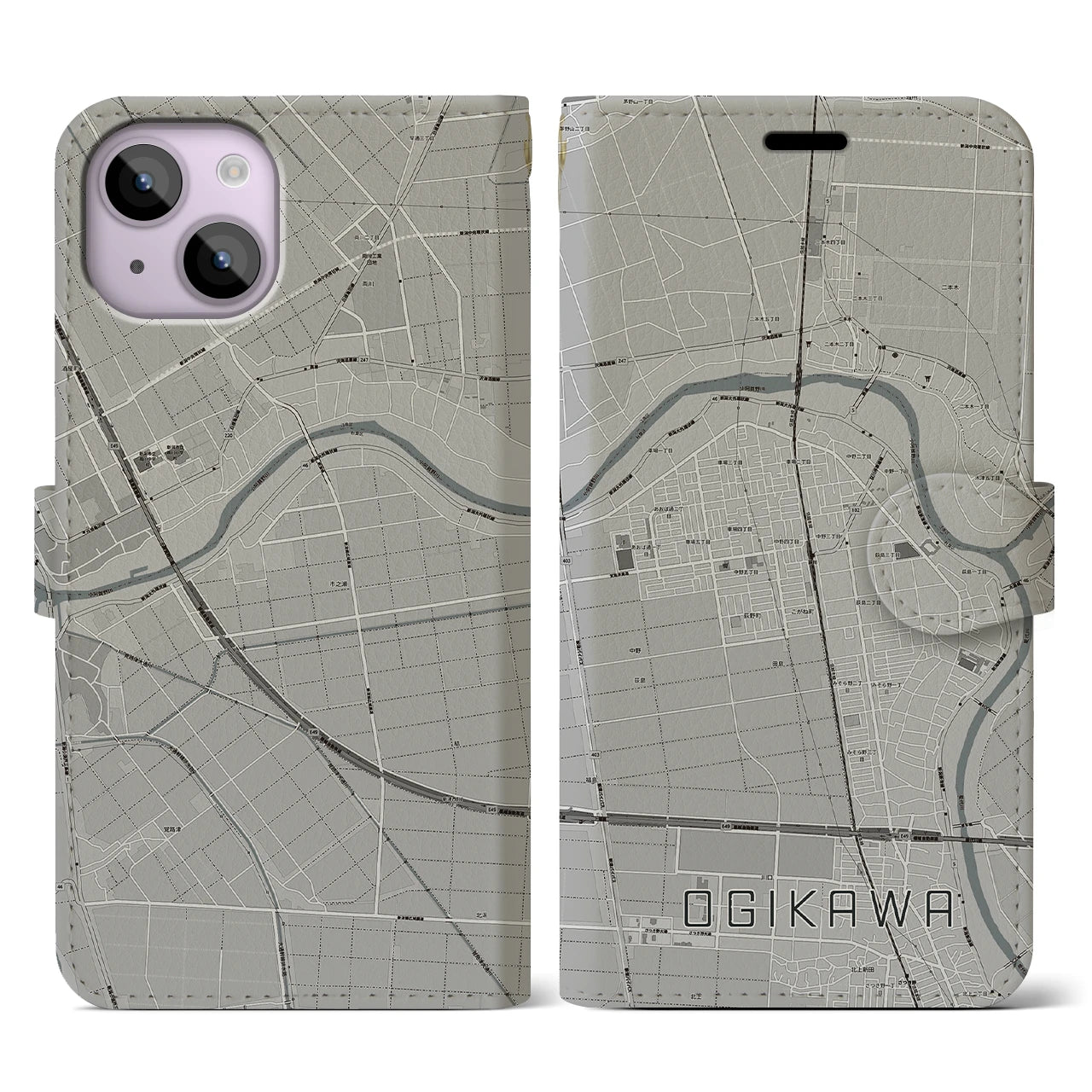 【荻川(新潟県)】地図柄iPhoneケース(手帳タイプ)モノトーン・iPhone 14 用