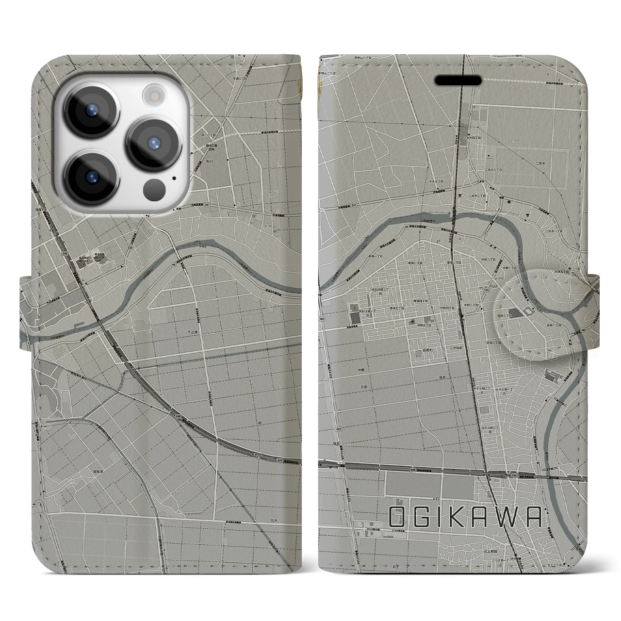 【荻川(新潟県)】地図柄iPhoneケース(手帳タイプ)モノトーン・iPhone 14 Pro 用