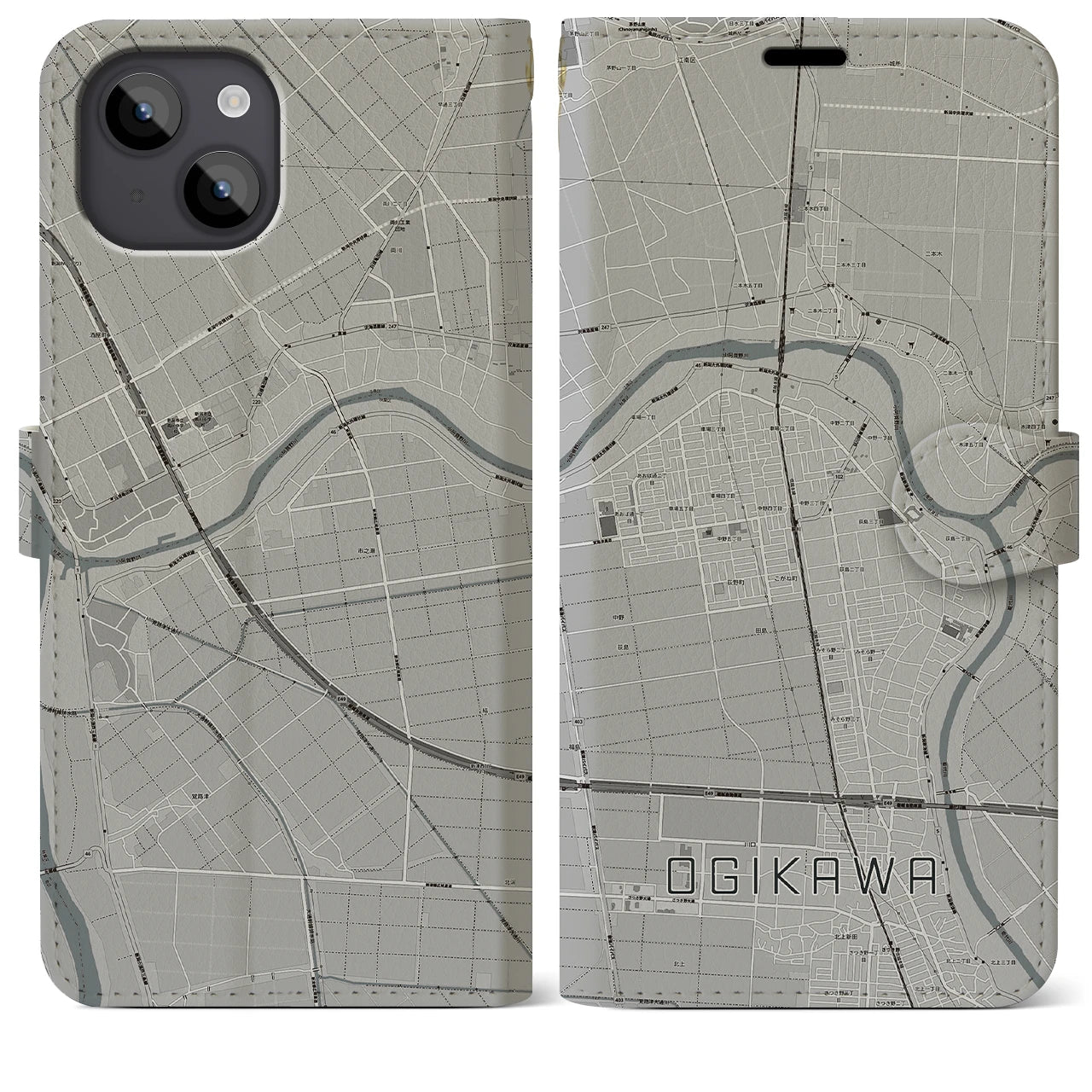 【荻川(新潟県)】地図柄iPhoneケース(手帳タイプ)モノトーン・iPhone 14 Plus 用