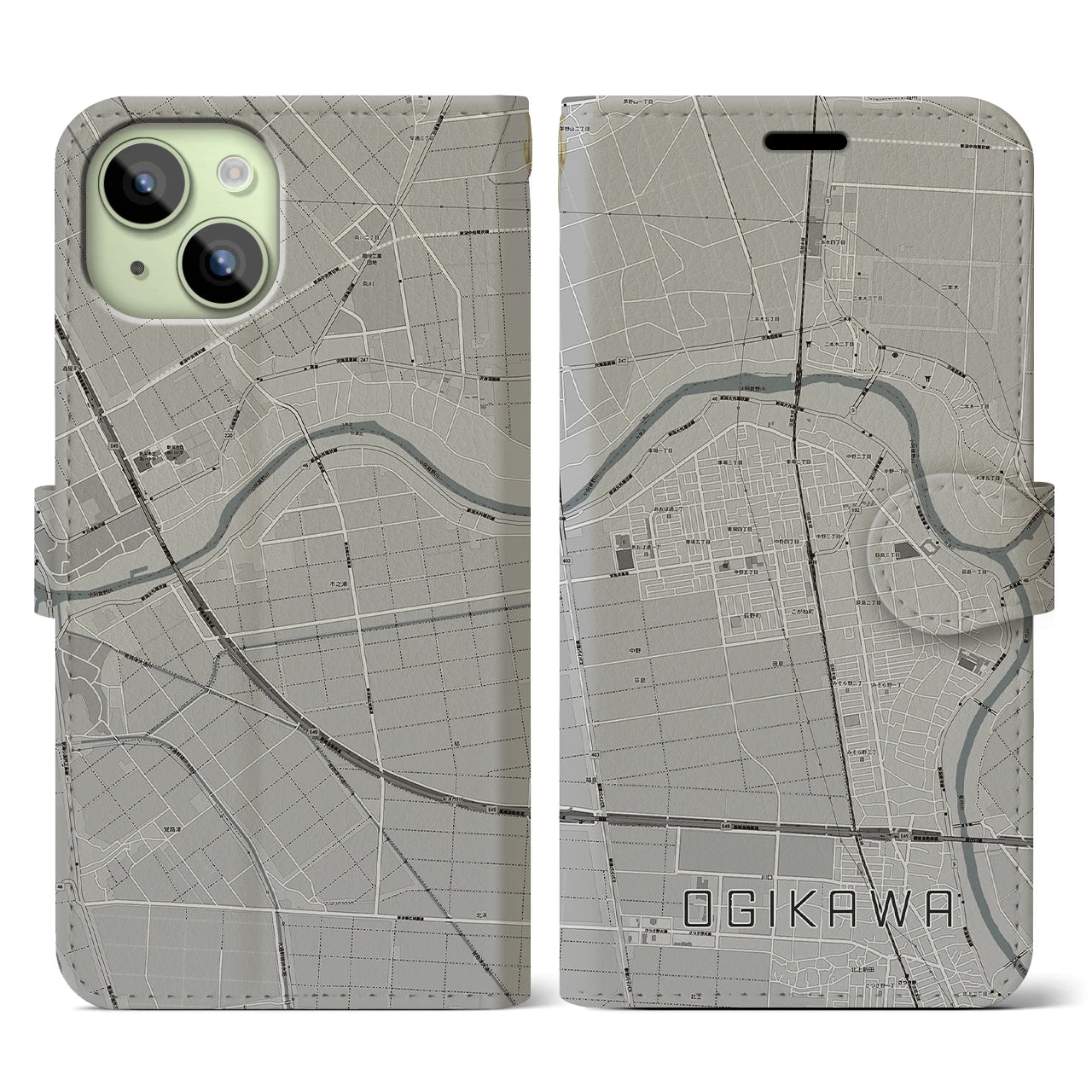 【荻川(新潟県)】地図柄iPhoneケース(手帳タイプ)モノトーン・iPhone 15 用