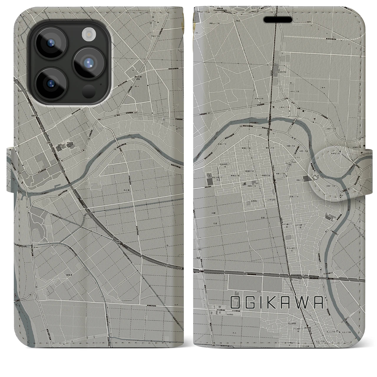 【荻川(新潟県)】地図柄iPhoneケース(手帳タイプ)モノトーン・iPhone 15 Pro Max 用