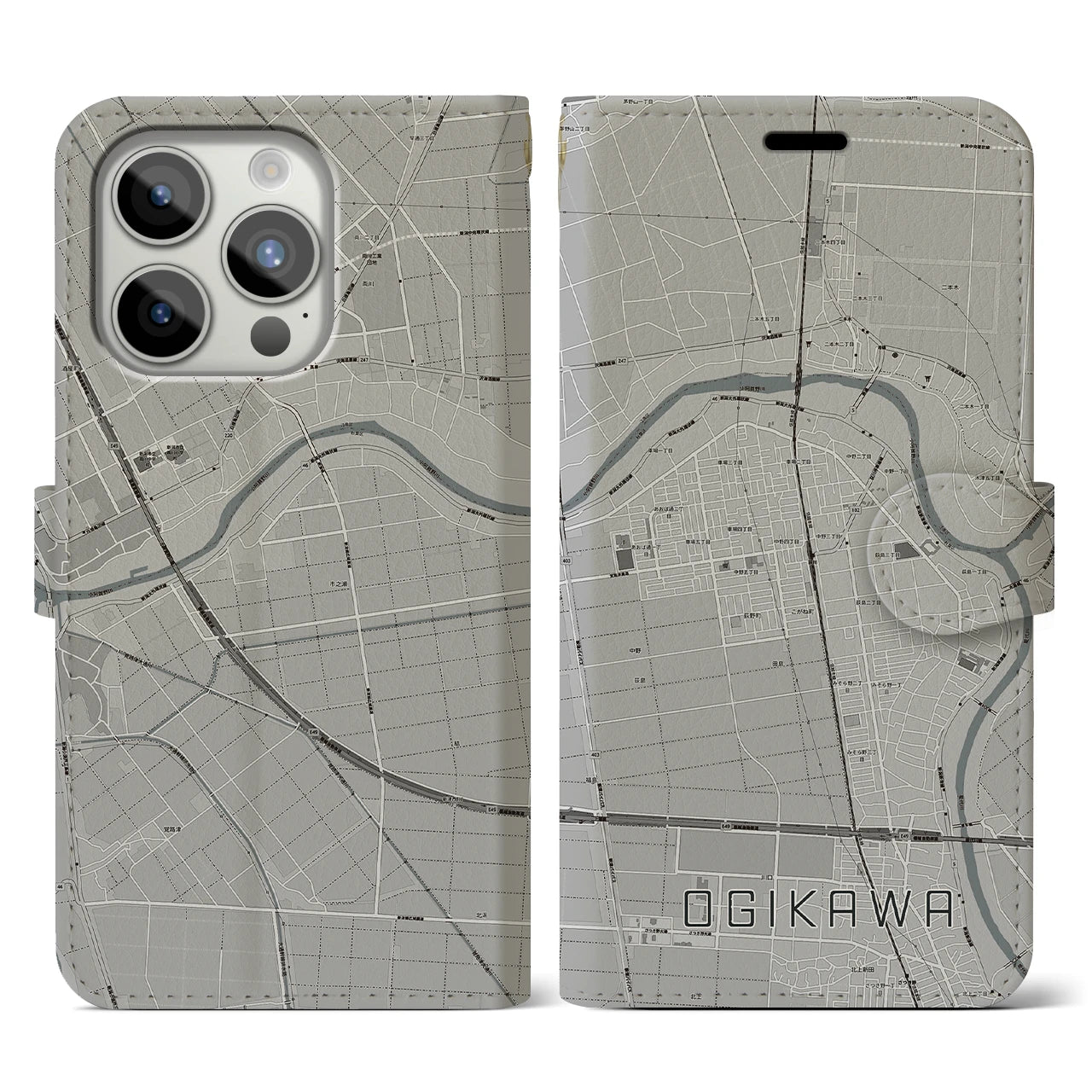 【荻川(新潟県)】地図柄iPhoneケース(手帳タイプ)モノトーン・iPhone 15 Pro 用