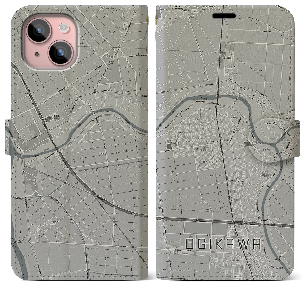 【荻川(新潟県)】地図柄iPhoneケース(手帳タイプ)モノトーン・iPhone 15 Plus 用