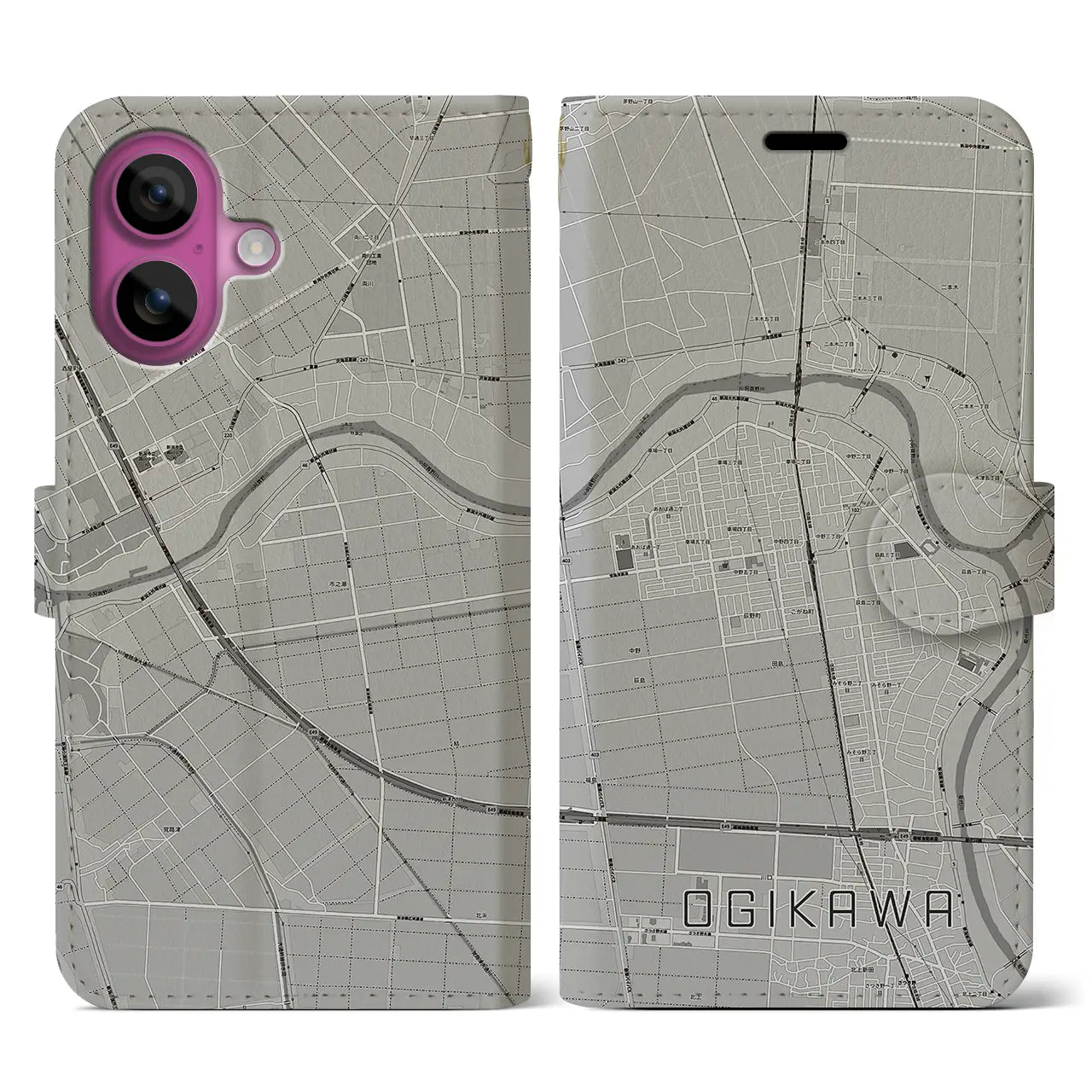 【荻川(新潟県)】地図柄iPhoneケース(手帳タイプ)モノトーン・iPhone 16 Pro 用