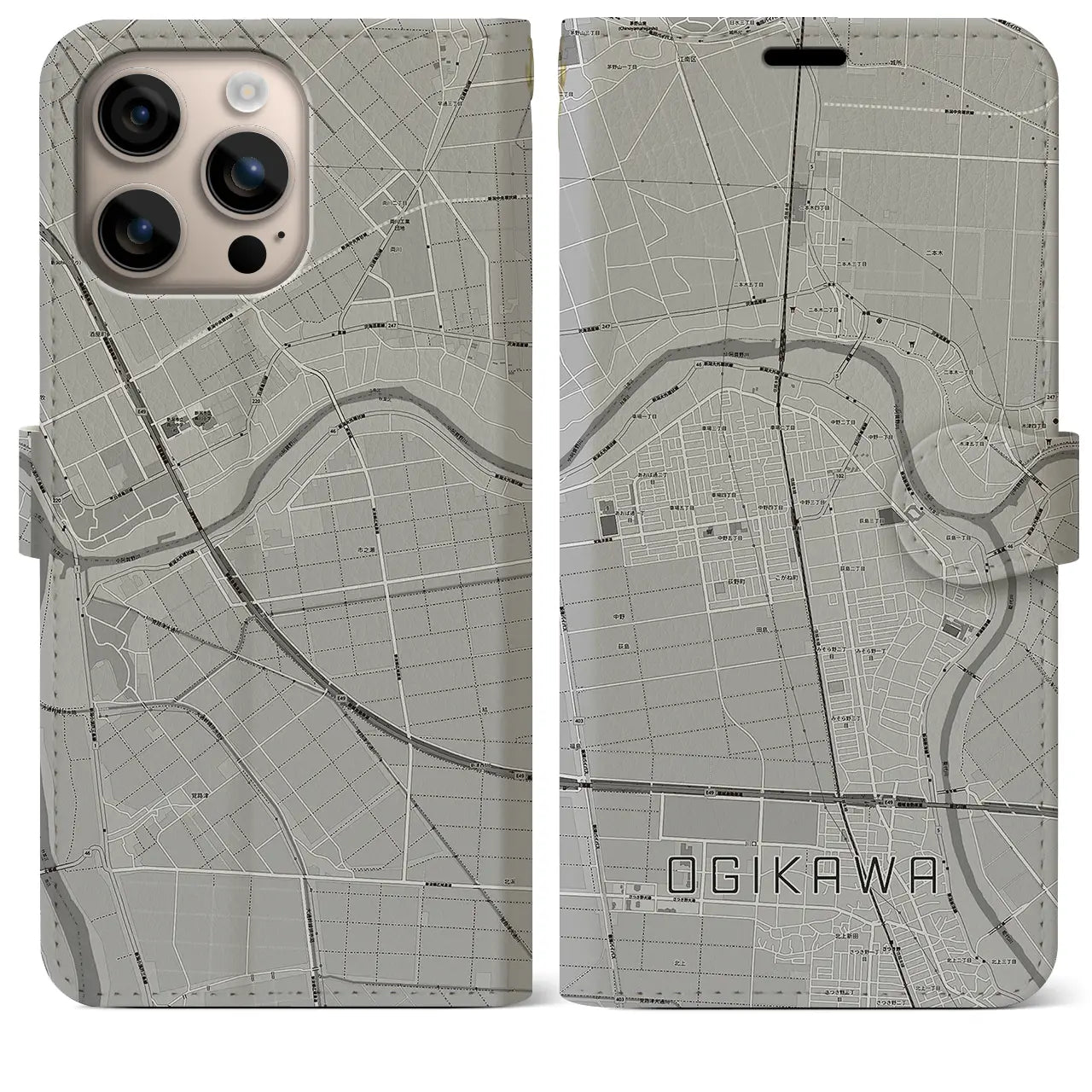 【荻川(新潟県)】地図柄iPhoneケース(手帳タイプ)モノトーン・iPhone 16 Plus 用