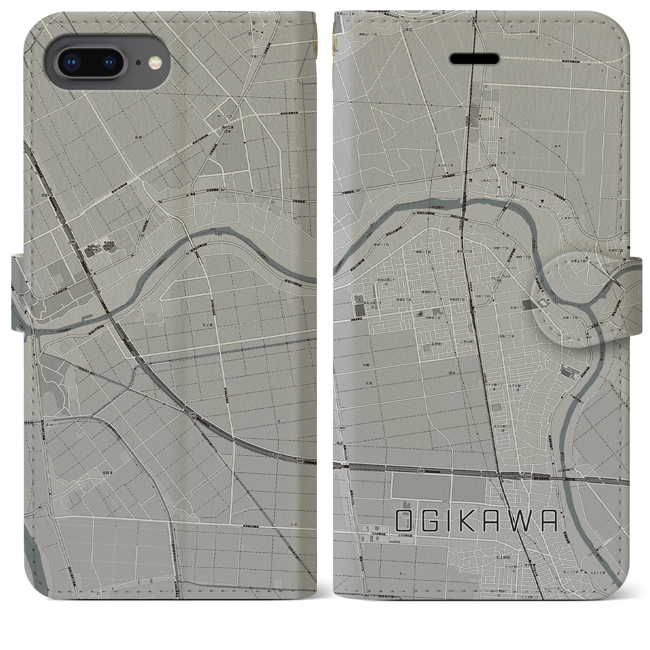 【荻川(新潟県)】地図柄iPhoneケース(手帳タイプ)モノトーン・iPhone 8Plus /7Plus / 6sPlus / 6Plus 用