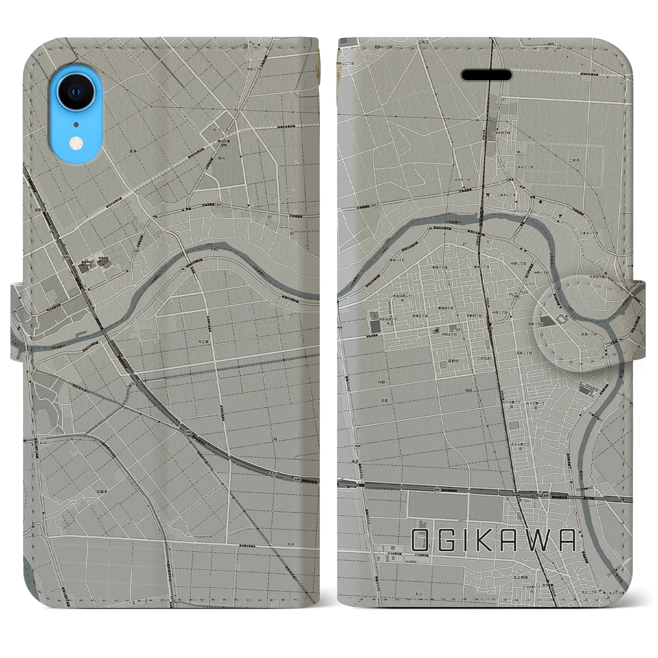 【荻川(新潟県)】地図柄iPhoneケース(手帳タイプ)モノトーン・iPhone XR 用