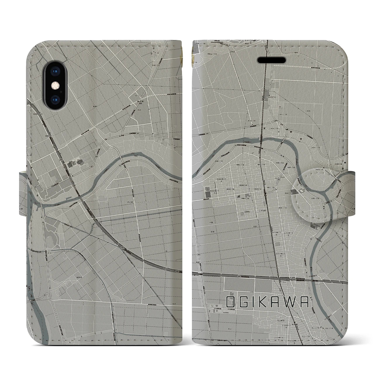 【荻川(新潟県)】地図柄iPhoneケース(手帳タイプ)モノトーン・iPhone XS / X 用