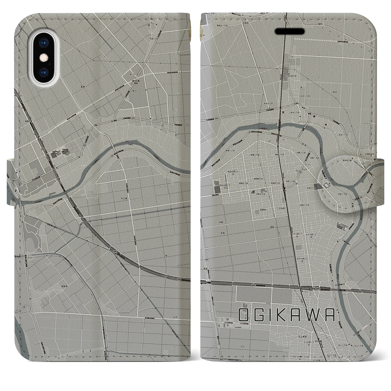 【荻川(新潟県)】地図柄iPhoneケース(手帳タイプ)モノトーン・iPhone XS Max 用