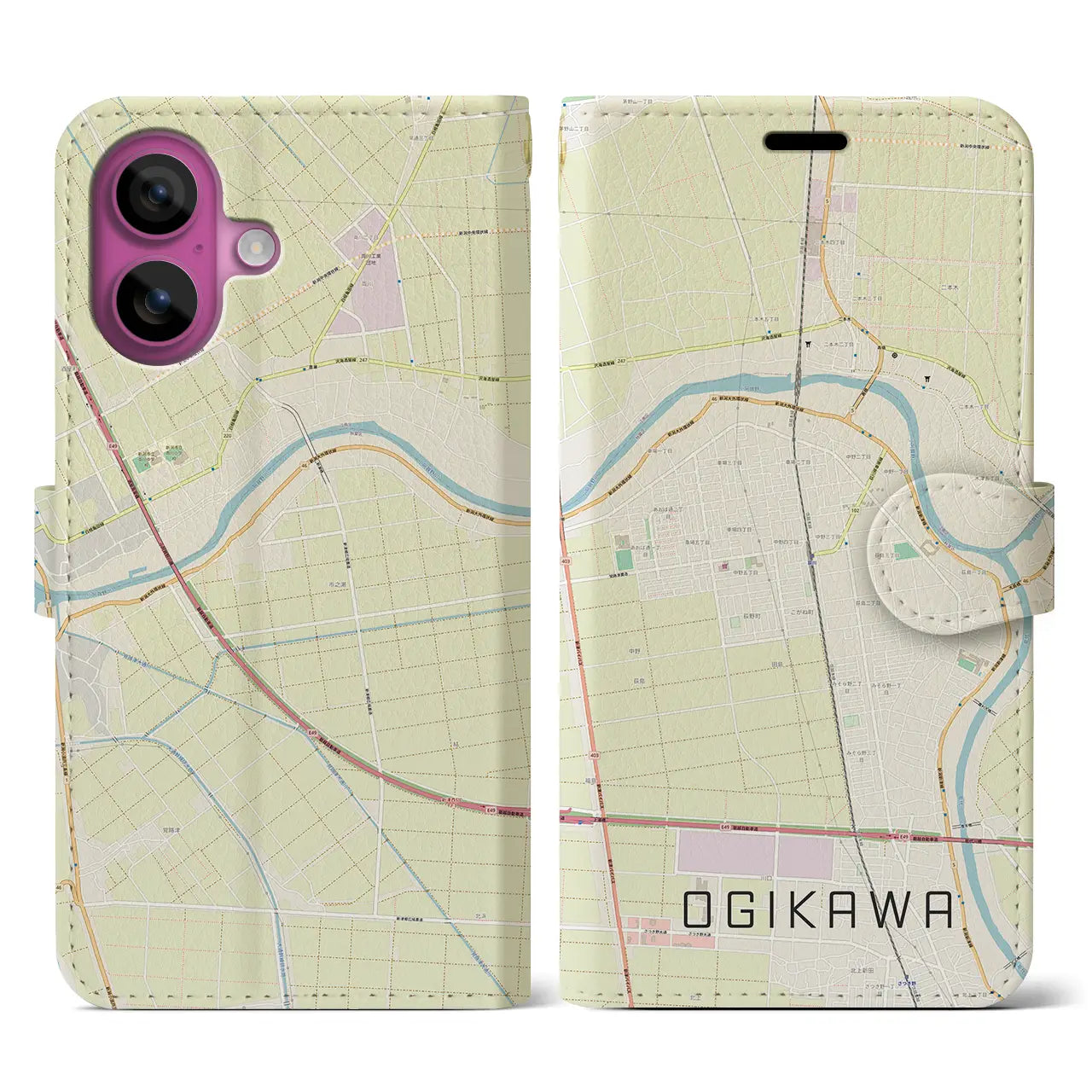 【荻川(新潟県)】地図柄iPhoneケース(手帳タイプ)ナチュラル・iPhone 16 Pro 用