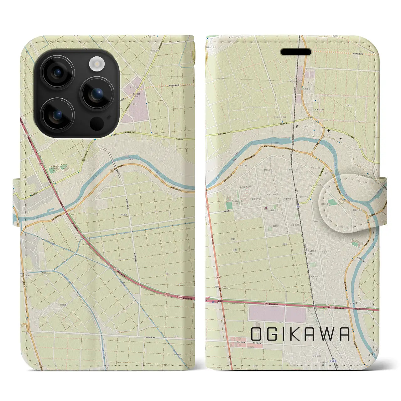 【荻川(新潟県)】地図柄iPhoneケース(手帳タイプ)ナチュラル・iPhone 16 用
