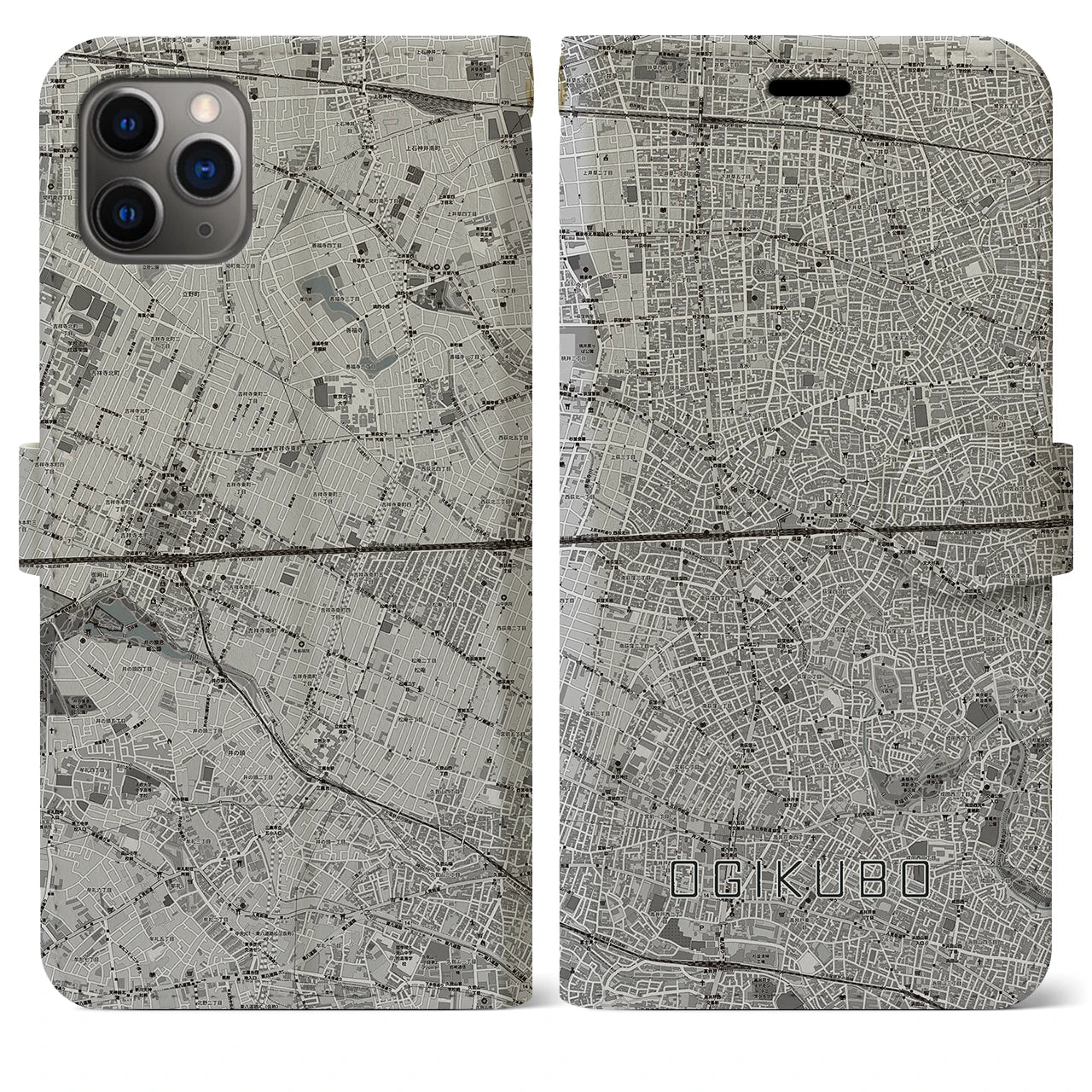 【荻窪2(東京都)】地図柄iPhoneケース(手帳タイプ)モノトーン・iPhone 11 Pro Max 用