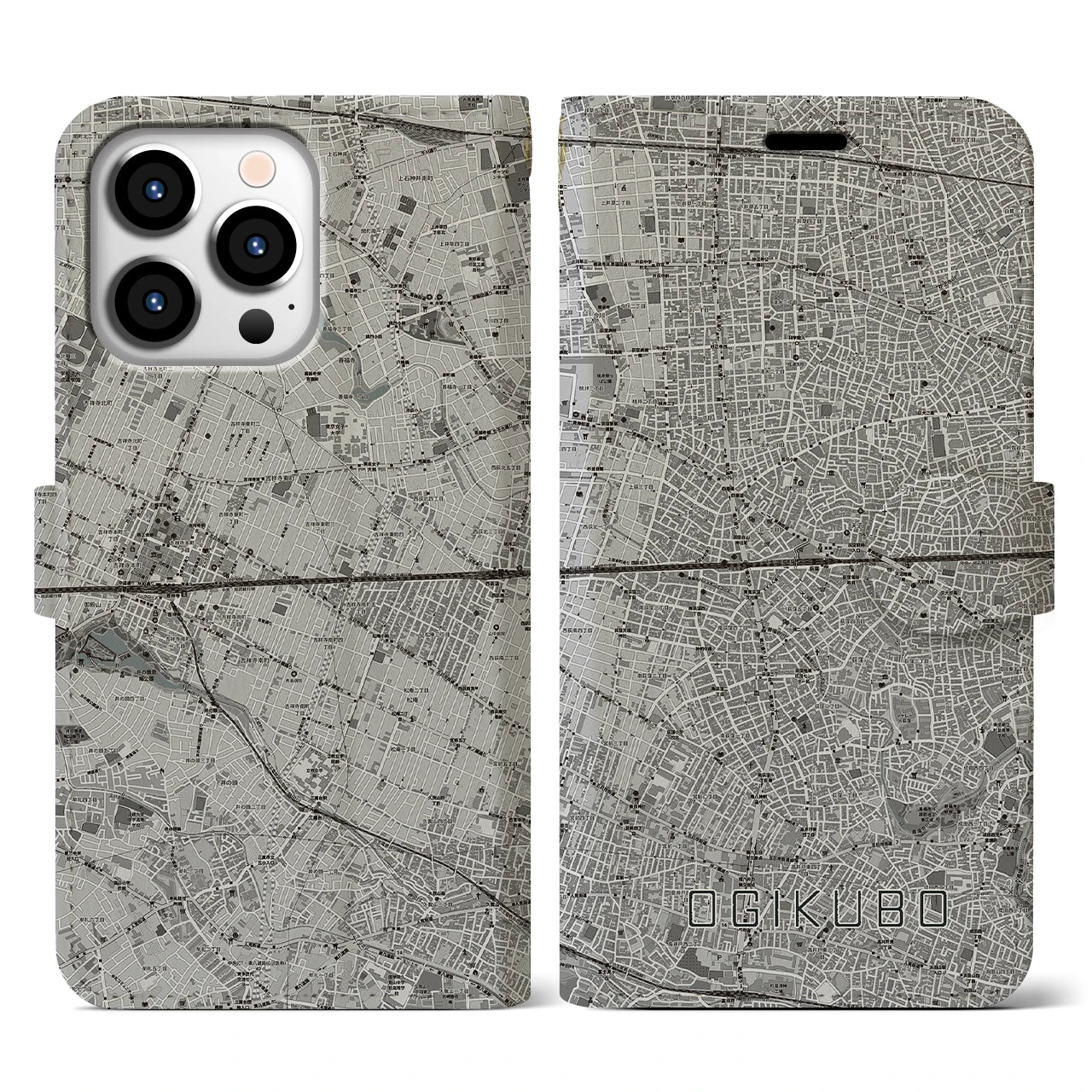 【荻窪2(東京都)】地図柄iPhoneケース(手帳タイプ)モノトーン・iPhone 13 Pro 用